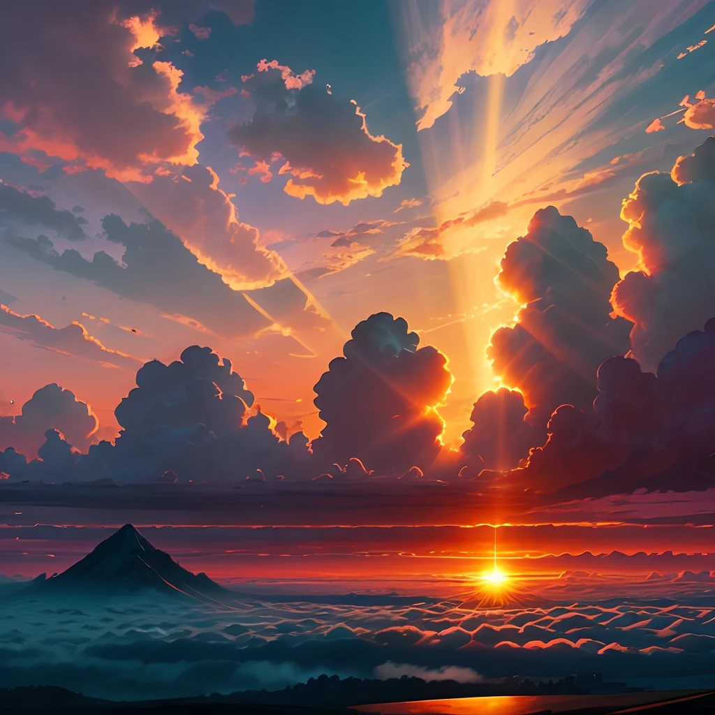 （mont：1.3），Sea of Clouds，the sunset， Clouds, Tyndall rays，（Works of masters：1.3），（8k wallpaper：1.3），Photorealsitic，  evening light --auto --s2