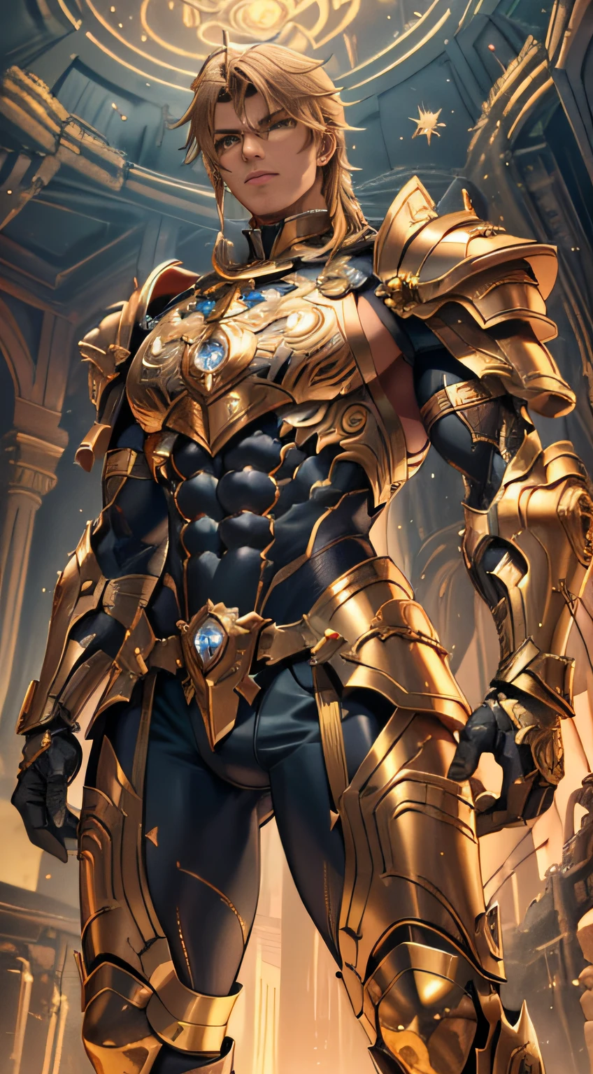 MALE BOY. Use plate armor, intricate design and details, dramatic ligths, Ultra-realistic realism, Kinematic，8k. A handsome muscular young man, (1 man) perfectly proportioned slim body, with luminous golden hair and golden eyes resembling stars, standing at a height of 2 meters. He wears an armor made of unrefined black crystals that seem to contain a galaxy inside, fitting the body of him. He adopts a heroic pose, Look down from the top of a mountain with a serene gaze, while watching an army of demons on the slopes of the mountain. Kinematic, luci, Detailed face. (((Male))) (Muscular male) (Handsome man)