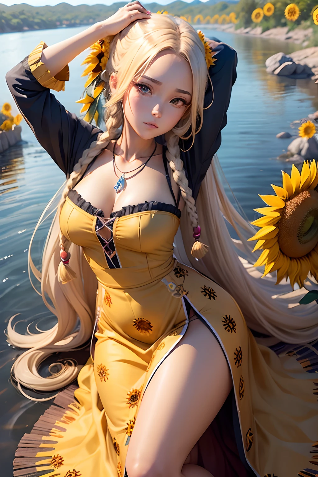 (masterpiece:1.2, best quality), (real picture, intricate details), 1lady, solo, tiger hybrid, demi-human, tiger girl, full body, sitting, long hair, minimal makeup, natural fabrics, close-up face, serious, long light platinum blonde hair, bangs, Korean bangs, bangs on forehead, green eyes, big breasts, bis tits, mature body, detailed face, tiger ears, tiger tail, bare chest, bare tits, piercing gaze, serious expression, forest, forest settings, rainforest, tiger girl hybrid.
