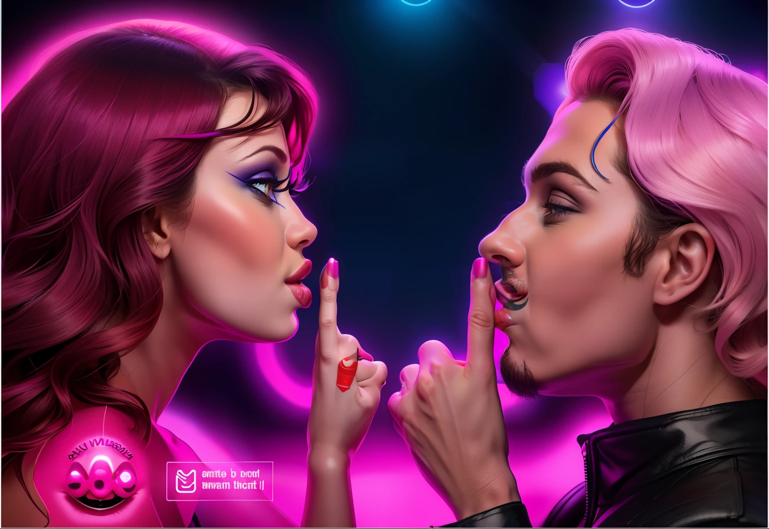 there is a poster with a woman and a man talking, face to face, kiss mouth to mouth, promo image, kiss, kissing, facing each other, bite her lip, cover shot, bisexual lighting, by Bouchta El Hayani, kissing each other, men and women, high quality upload, french kiss, couple kissing, siluettes, official screenshot