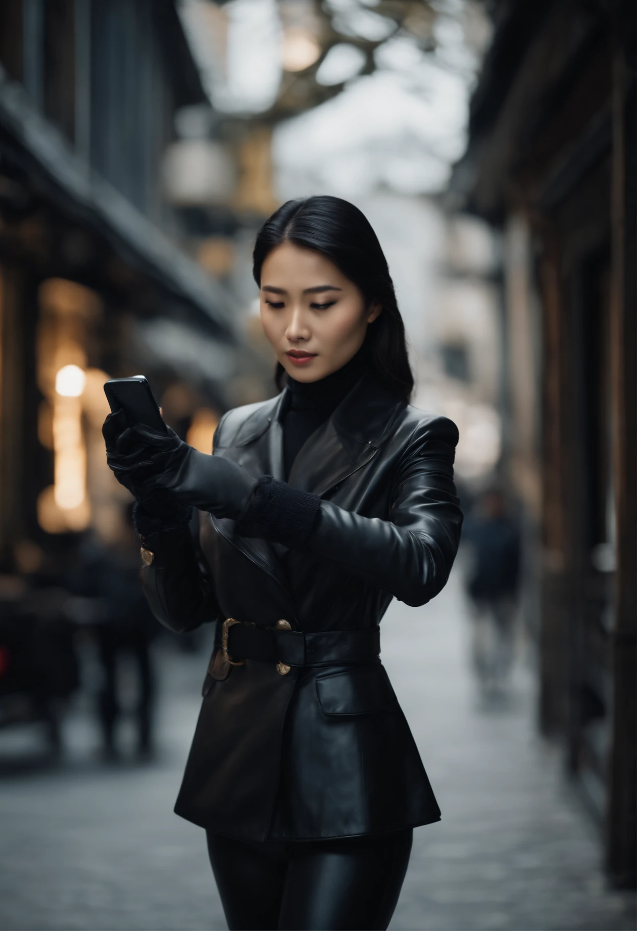 Business suits Black leather gloves long boots Face-to-face Young japanese lady Report on your smartphone The upper part of the body Black leather gloves cover both hands Black hair ponytail