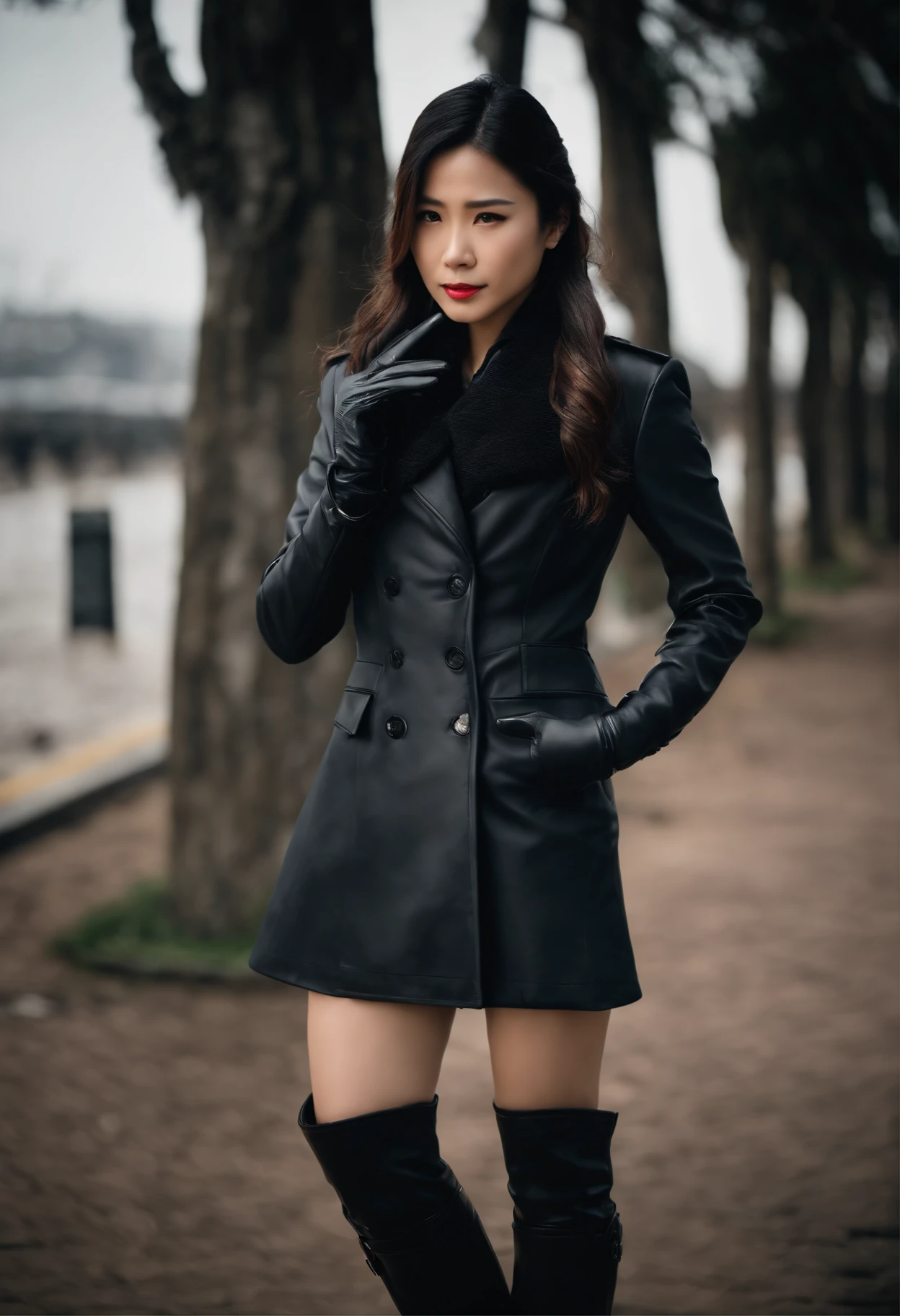 Business suits Black leather gloves long boots Face-to-face Young japanese lady Report on your smartphone The upper part of the body Black leather gloves cover both hands Black hair ponytail