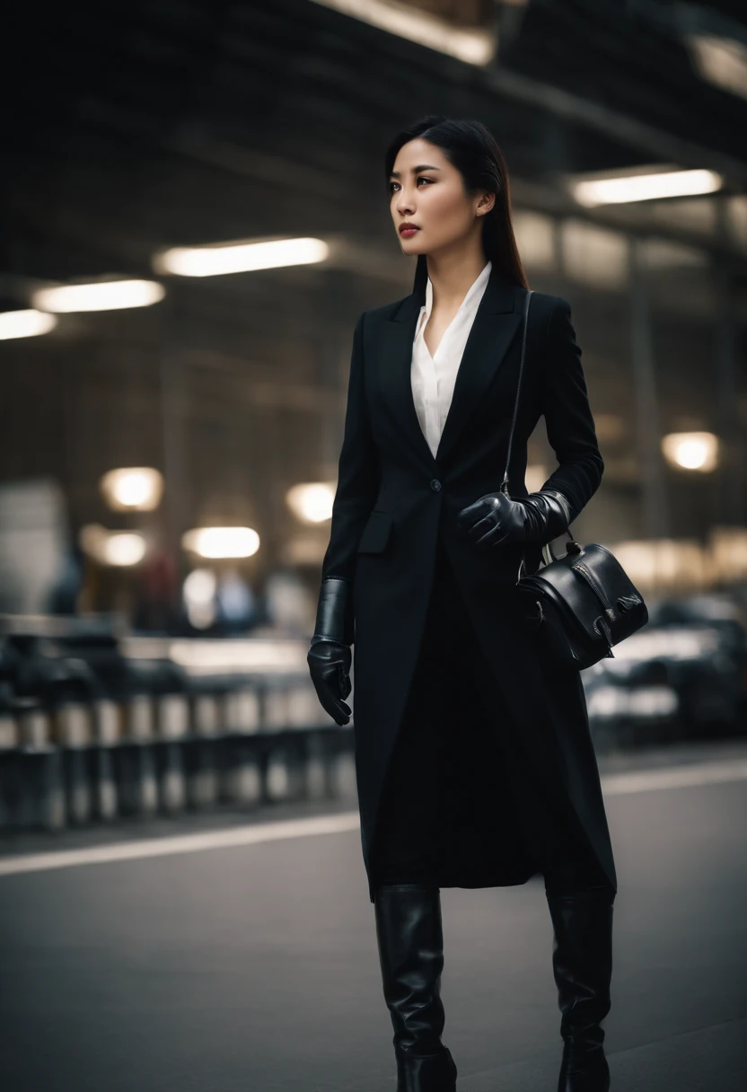 Business suit Black leather gloves long boots Face-to-face Young japanese lady Report on your smartphone The upper part of the body Black leather gloves cover both hands Black Hair Ponytail