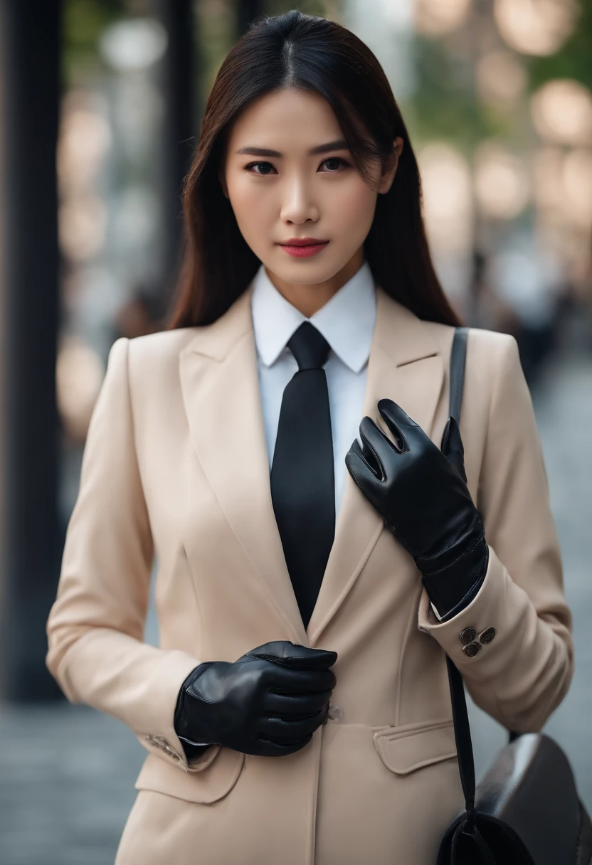 Business suit Black leather gloves long boots Face-to-face Young japanese lady Report on your smartphone The upper part of the body Black leather gloves cover both hands Black Hair Ponytail