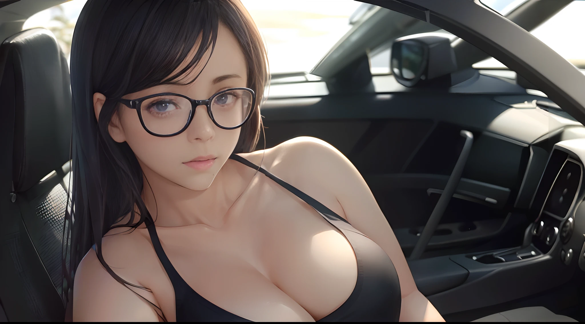 ((((masutepiece, Best Quality, High resolution)))), extremely detailed 8K, (Ultra HD, Ultra-detailed, Highly detailed), (1 female:1.5), Lustrous hair, (dynamicposes), facing at camera, ((爆乳,cleavage、Seductive smile,Open mouth、Hida,beautifull detailed face、Detailed eyes、Detailed eyes)), Tank Tops、(sun beam, Sunlight)