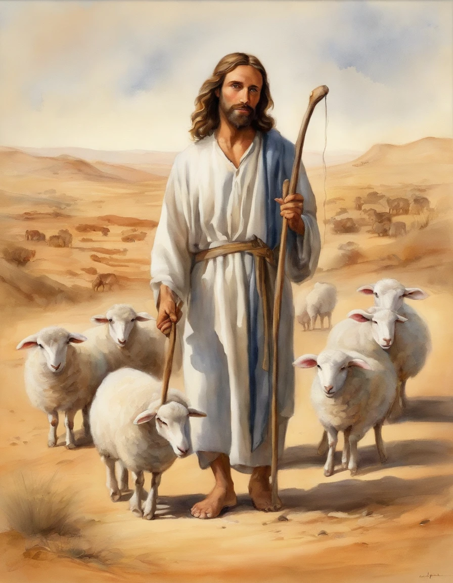 The cartoon version of the lovely 4-year-old Jesus holds a rod in his hand, walking in a desert,Lead 9 cute sheep behind the 8K one, ::n Don't want the image to be wrong, Do not have more than 5 fingers either, There are no more hands left ,Nor writing, There is also no signature.