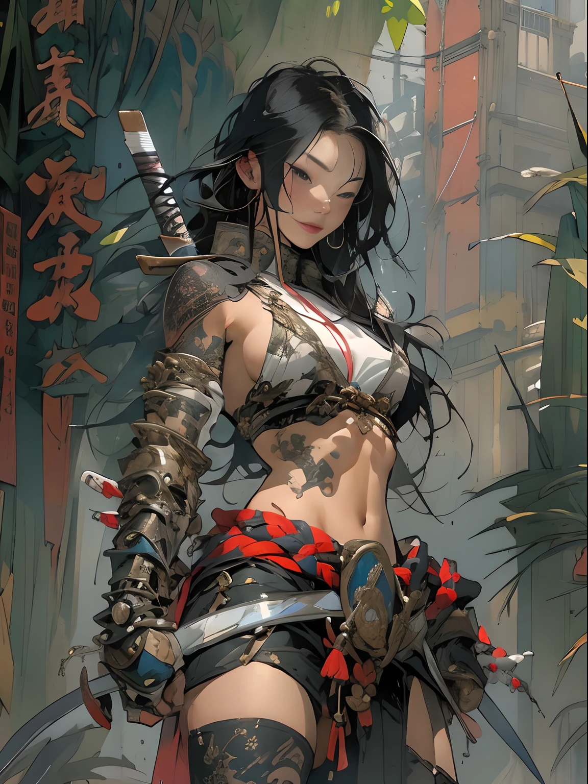 (((woman))), (((best qualityer))), (((tmasterpiece))), (((AS-Adult))), ((( Japanese ))), Look up from your knees, A beautiful asian samurai woman with perfect body, Modern samurai, ((( Asian))), Wear gloves on your hands,The left arm is made of steel and metal tips,Made of protective devices, The eyes are pulled, (( Appears below the breast )), (( Small dental floss )), Simon Bisley, Almost naked(Simon Bisley)Castle City Wilderness,For high-resolution posters, hair straight, Minimum clothing, armure (Crazy clothes ), Full of tips and rivets, tribal tattoos, (((full bodyesbian))), Straight brunette hair,Colored hair ends