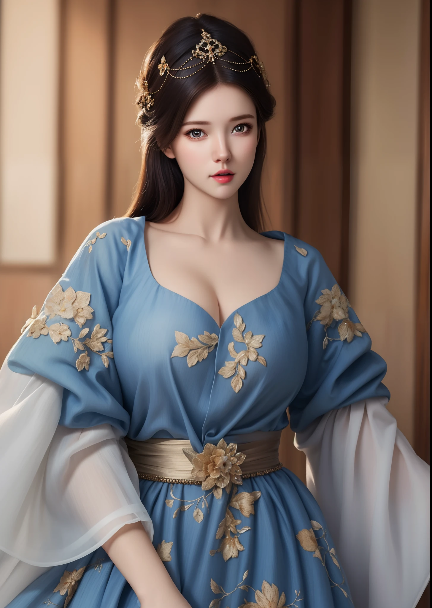 (hyperrealistic), (illustration), (high resolution), (8K), (extremely detailed), (best illustration), (beautiful detailed eyes), (best quality), (ultra-detailed), (masterpiece), (wallpaper), (photorealistic), (natural light), (rim lighting), (detailed face), (high detailed realistic skin texture), (anatomically correct), (solo), (1 girl), (high detailed realistic hair), (dark blue hair:1.3), (heterochromic eyes), (detailed eyes), (brown bright eyes:1.2), (sparkling eyes), (realistic big breasts:1.5), (exposed nipples breasts:1.35), (long legs), (slender abs), (dynamic pose), (closed tiny mouth:1.3), nsfw,