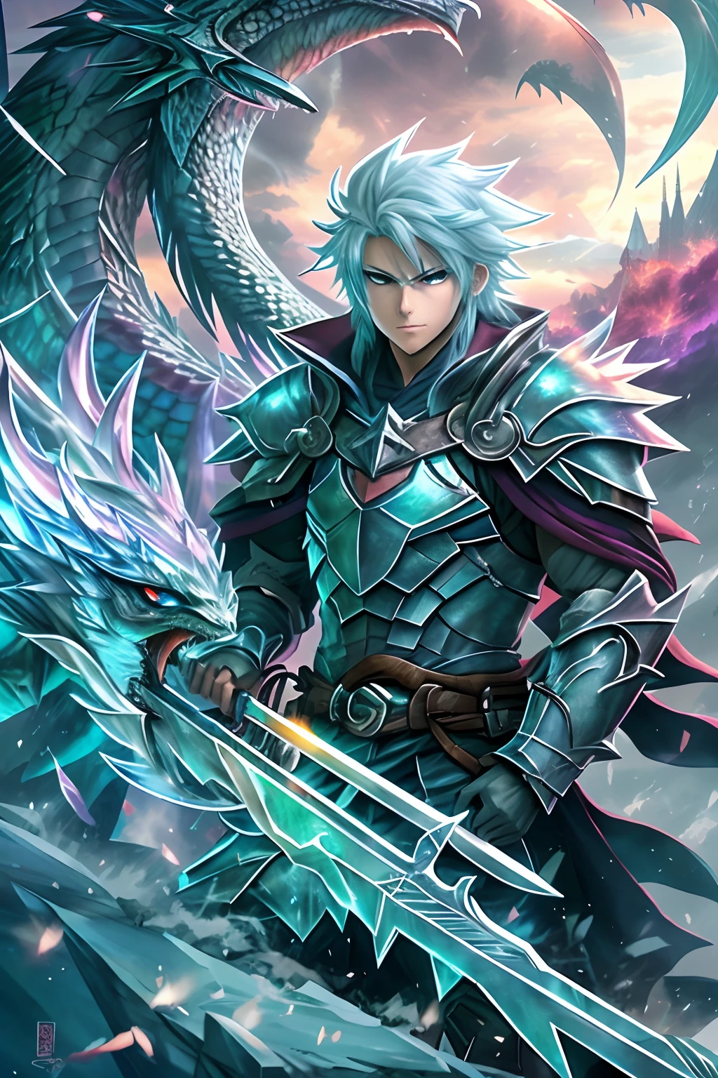 anime big breast, The man who rides the dragon,Holding a sword in hand, Epic fantasy digital art style, Dragon rider, ice lord, fractal thunder dan mumford, Epic fantasy art style, sliver ice color reflected armor, Dragon Knight, Epic fantasy art style HD, Ice crystal armor, Epic fantasy style art, epic fantasy digital art, Terrible sharpness and cold, Anime epic artwork