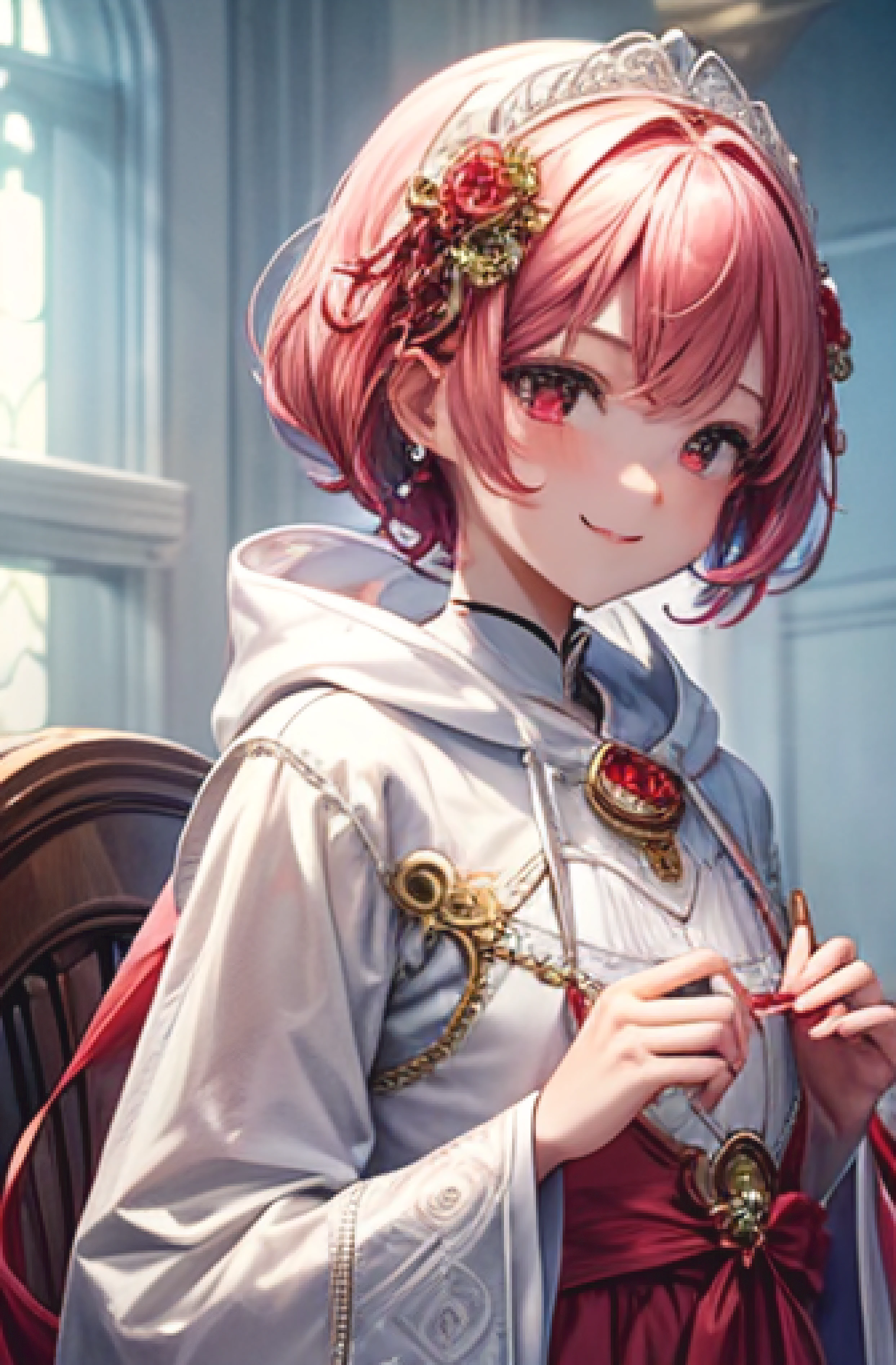 (Intricate and delicate ornaments and dresses)、White hoodie、Elaborate accessories+++、、Highly precise and detailed stained glass+++、Upper teeth++、gorgeous dress++、女の子1人、独奏、flat chest+++++、(Chest flat)+++++、Pale pink short bob hair、Blue to gradient red eyes++、(hair adornments)+ +、mischievous smile、Red decoration、Red stone wand