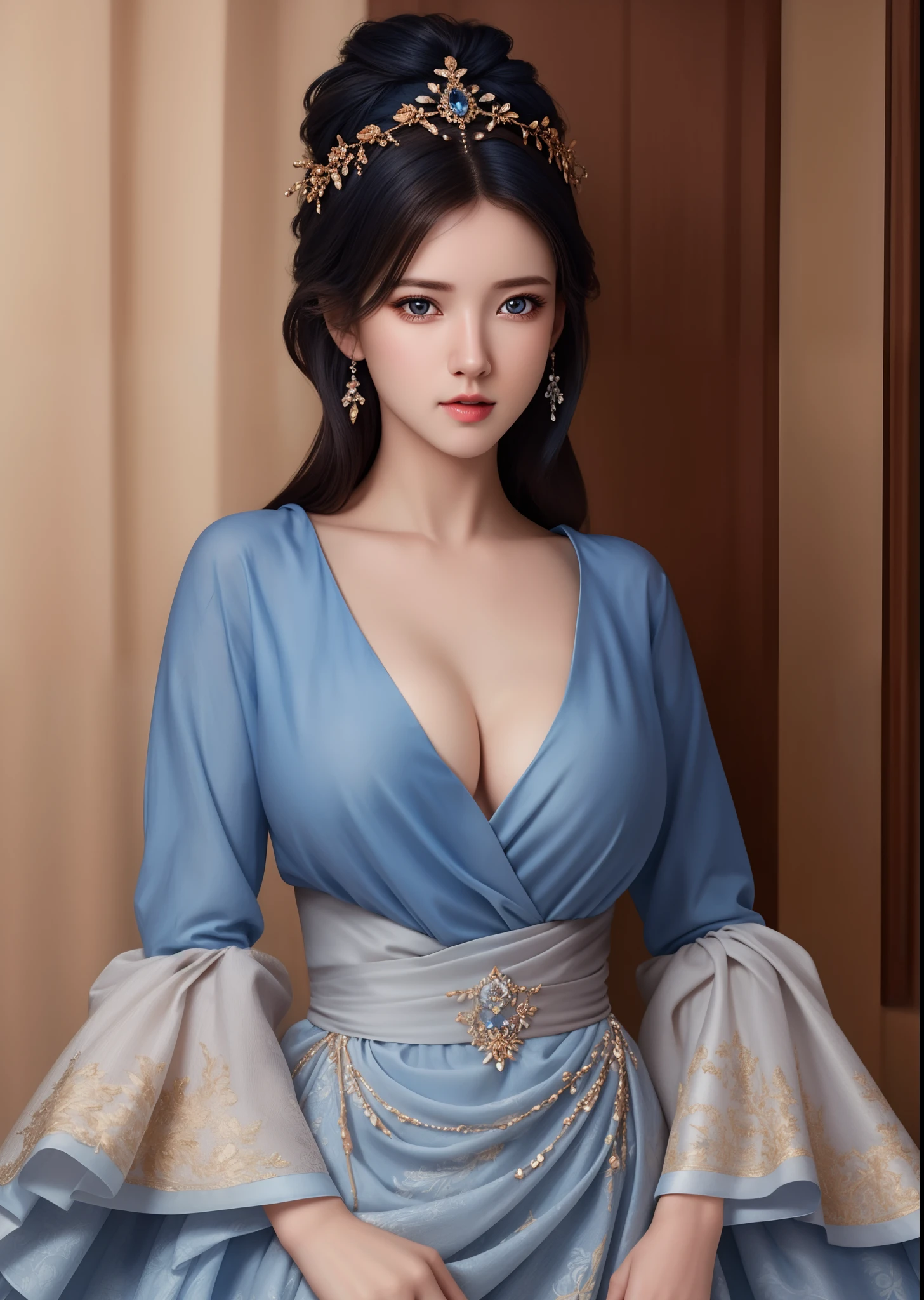 (hyperrealistic), (illustration), (high resolution), (8K), (extremely detailed), (best illustration), (beautiful detailed eyes), (best quality), (ultra-detailed), (masterpiece), (wallpaper), (photorealistic), (natural light), (rim lighting), (detailed face), (high detailed realistic skin texture), (anatomically correct), (solo), (1 girl), (high detailed realistic hair), (dark blue hair:1.3), (heterochromic eyes), (detailed eyes), (brown bright eyes:1.2), (sparkling eyes), (realistic big breasts:1.5), (exposed nipples breasts:1.35), (long legs), (slender abs), (dynamic pose), (closed tiny mouth:1.3), nsfw,