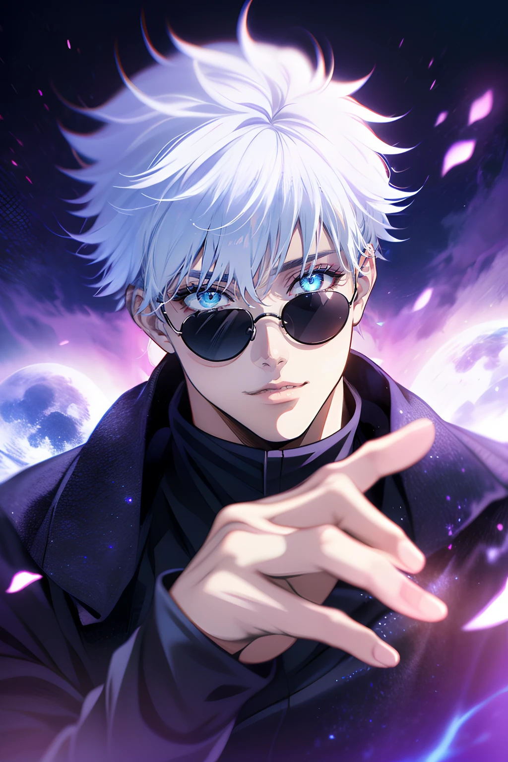 ((High detail、Cinematic lighting))、Messy white hair、aquamarine Eyes、White eyelashes、god light、Ray tracing、shadowing、Optical illusion、The upper part of the body、Looking at the camera、Masterpiece、((Super detail、Best quality、8K))、jujutsu kaisen、Gojo Gojo、Black attire、The surgery begins、Perfect black background、serene look、formidable presence、Enigmatic Atmosphere、(Strange moonshine、Ominous Shadows、 Intense Blue Aura、 Rich red halo、Symbolizes the power around him、Radiating Magical Energy、Mystical Artifacts、Ether-like granules、dynamicposes、epic soundtrack、(((The detailed hand)))、sunglass
