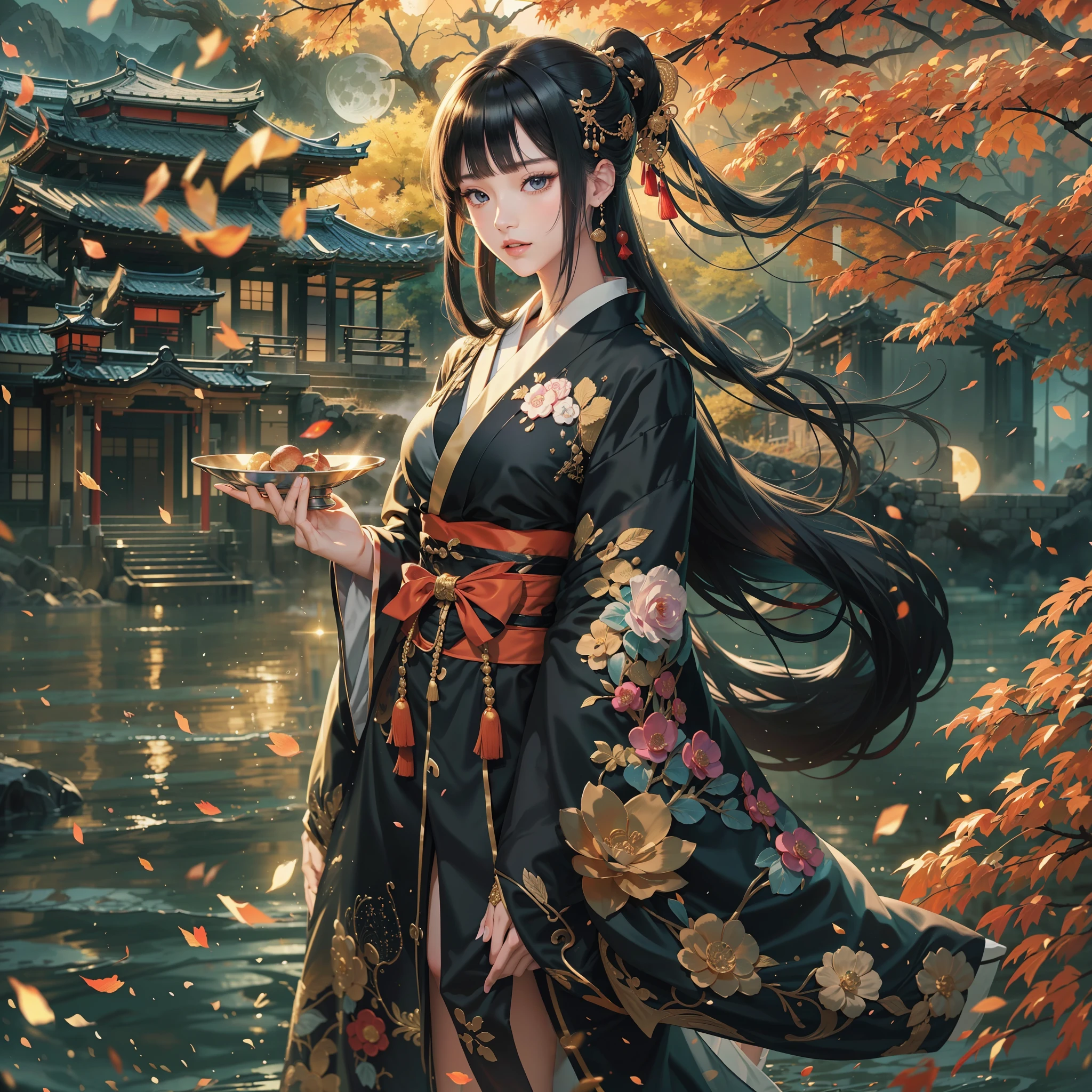 season autumnal、watching at viewers、Ancient capital and moon in the background、poneyTail、Woman with shiny black hair、{{{Luxury kimono(Black kimono(Detailed golden embroidery,))}}}、face perfect,Depict a beautiful and graceful woman of Japan。Heart in the eye。full body Esbian。 Beautiful anime art wallpaper 8k, beautiful fantasy anime, Beautiful anime, Detailed anime artwork.Blur the background with a sickle,((masutepiece)), ((Best Quality))