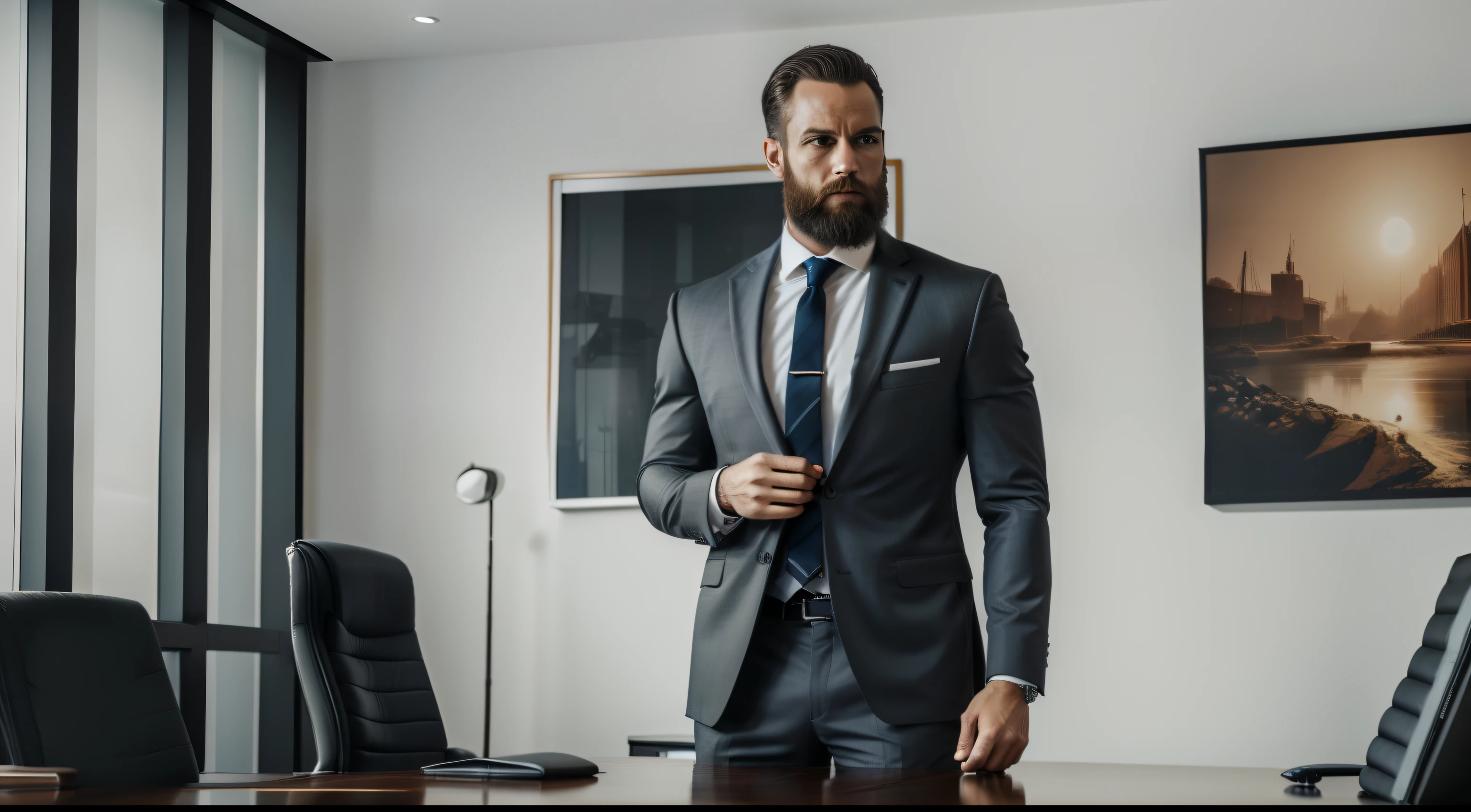 office room，Thin，musculature，lbeard，fortitude，artwork of a，tmasterpiece，k hd，Business suit