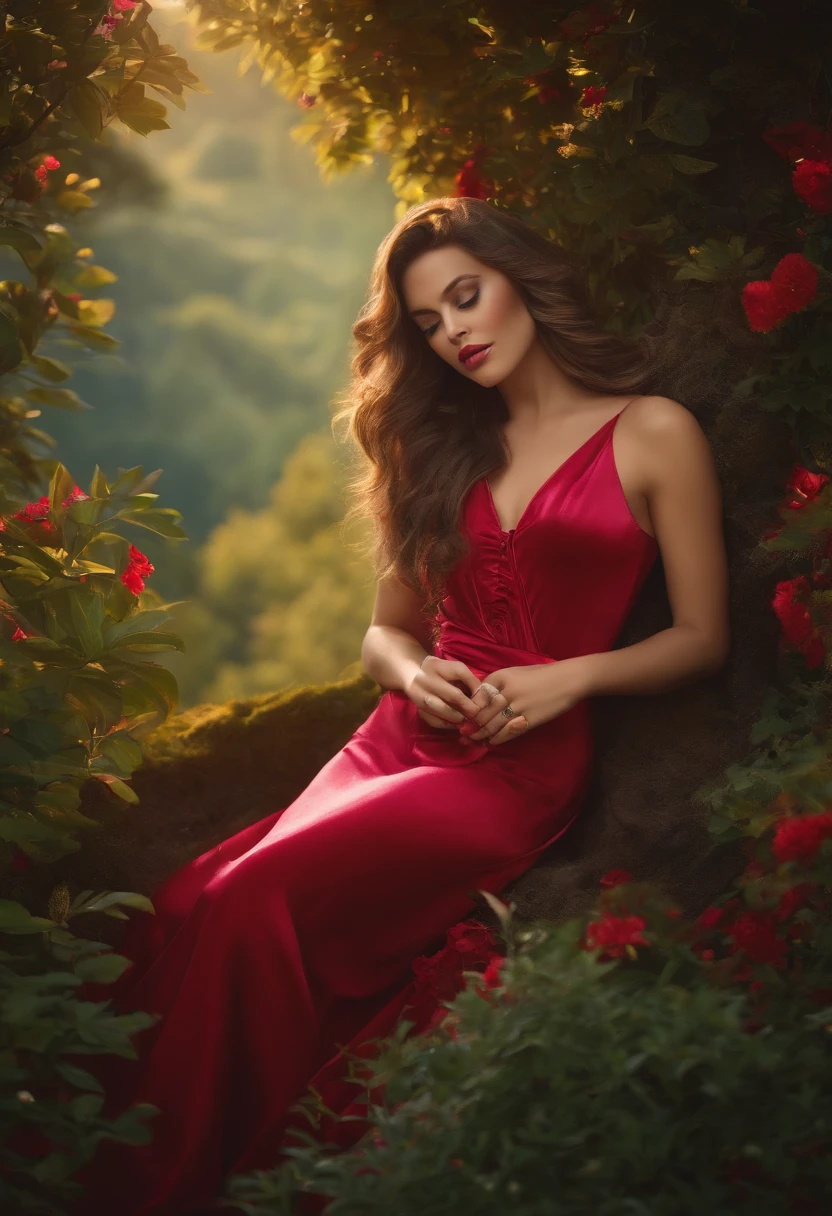 A woman in a red dress sitting on a rock in a garden - SeaArt AI