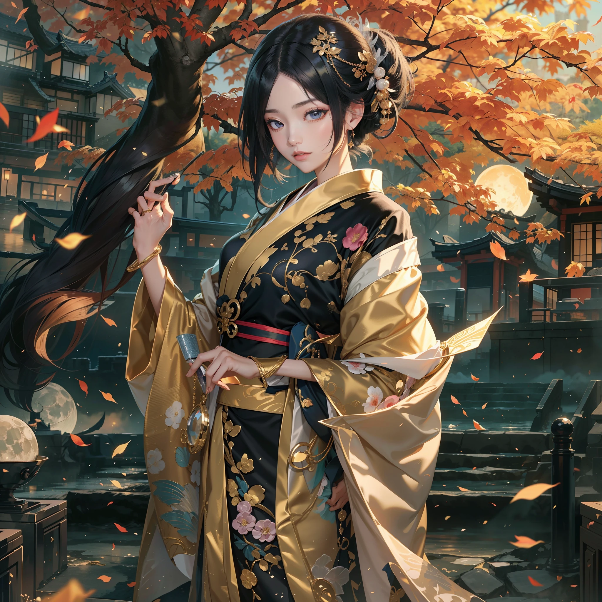 season autumnal、watching at viewers、Ancient capital and moon in the background、poneyTail、Woman with shiny black hair、{{{Luxury kimono(Black kimono(Detailed golden embroidery,))}}}、face perfect,Depict a beautiful and graceful woman of Japan。Heart in the eye。full body Esbian。 Beautiful anime art wallpaper 8k, beautiful fantasy anime, Beautiful anime, Detailed anime artwork.Blur the background with a sickle,((masutepiece)), ((Best Quality))
