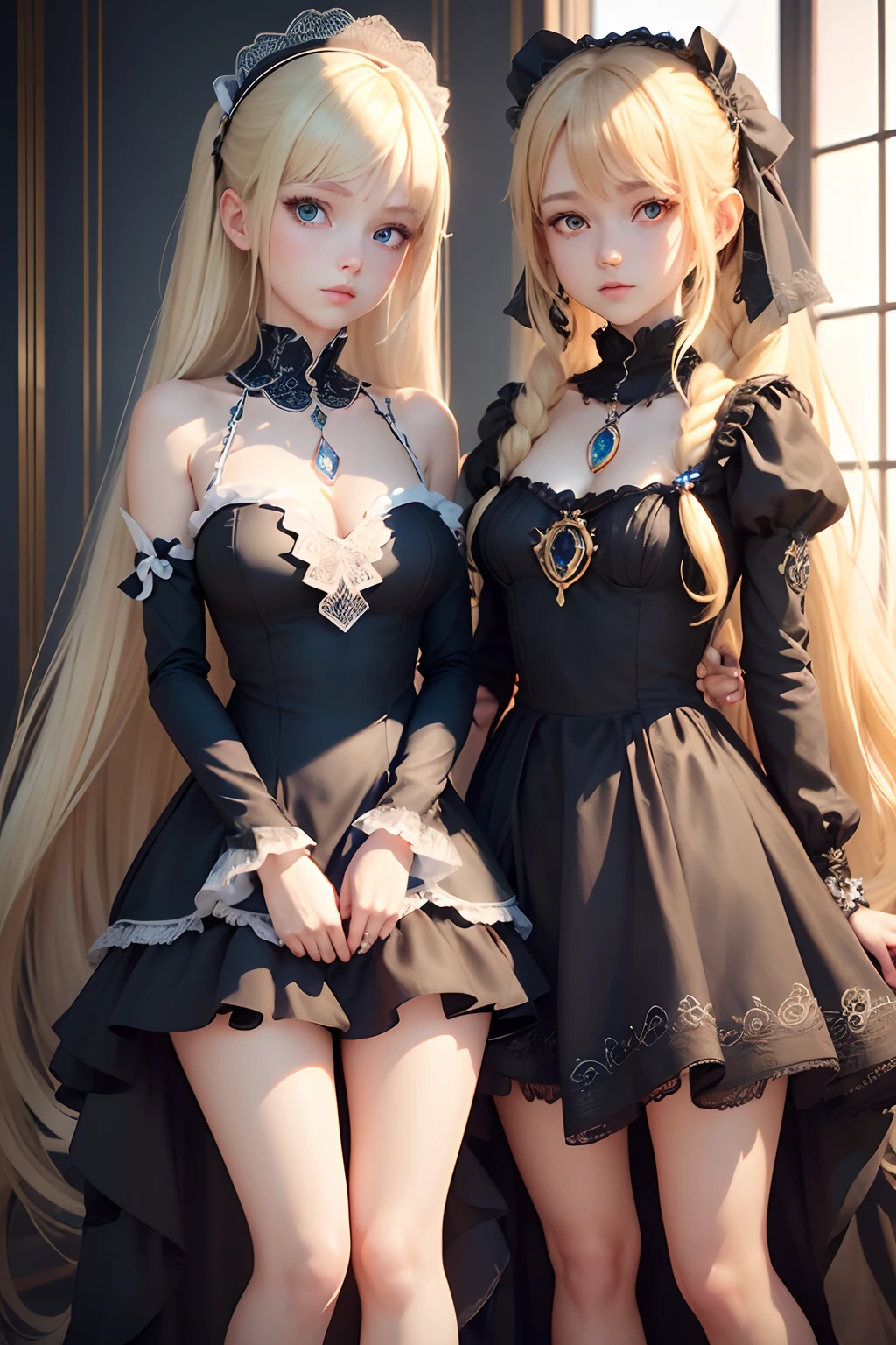 ,( absurdly , High quality , ultra-detailliert ) ,( Hand Detail ) , 2girls,, Very long hair, (((Prone))) , Beautiful crystal eyes ( eye detailed ),gotik, Necklace, Blue Long One Piece Maid, Long sleeve, Elegant, Colorful, highest details,  , ,Smooth Anime CG Art, Rin,render of a cute 3d anime girl,,,Blonde twintails、