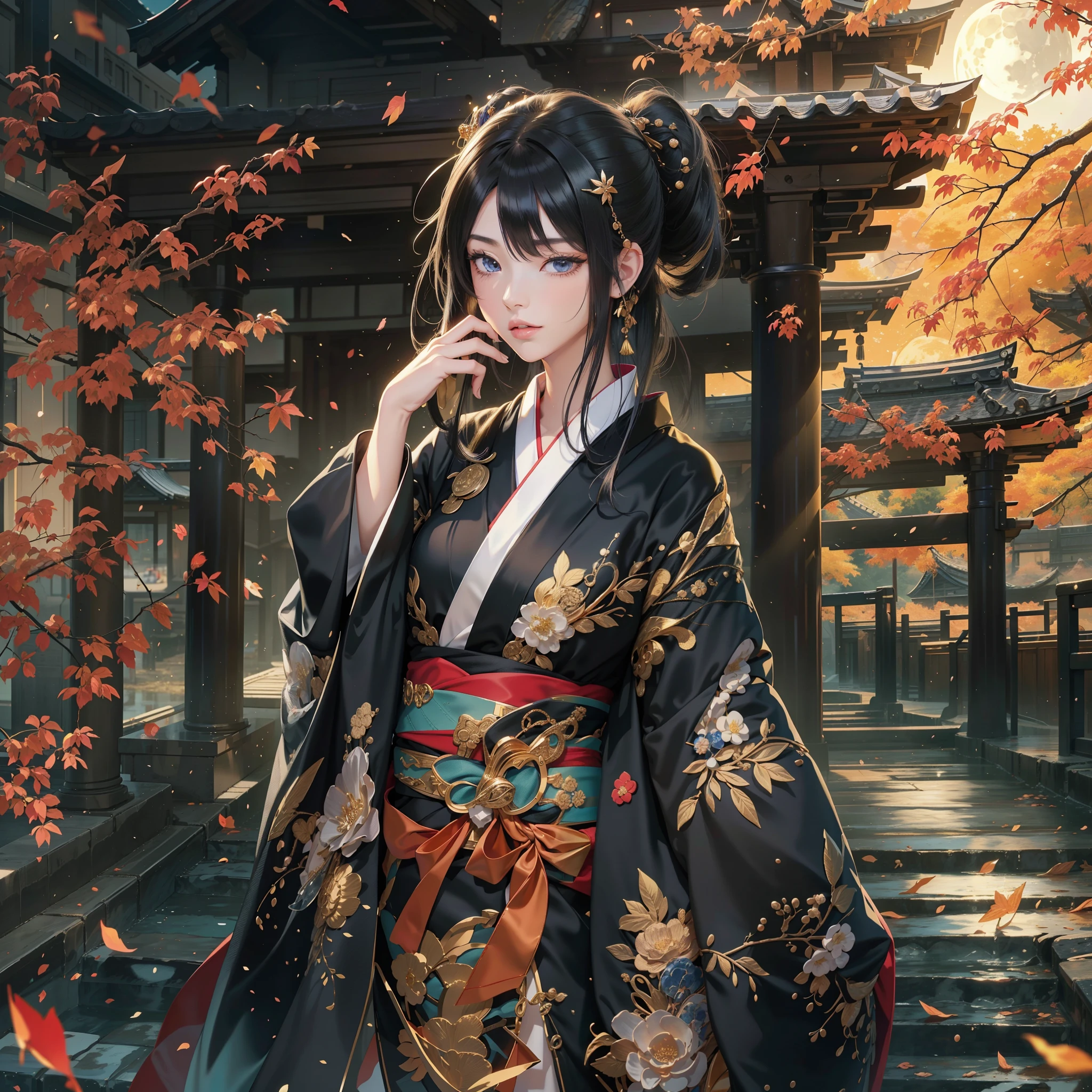 season autumnal、watching at viewers、Ancient capital and moon in the background、poneyTail、Woman with shiny black hair、{{{Luxury kimono(Black kimono(Detailed golden embroidery,))}}}、face perfect,Depict a beautiful and graceful woman of Japan。Heart in the eye。full body Esbian。 Beautiful anime art wallpaper 8k, beautiful fantasy anime, Beautiful anime, Detailed anime artwork.Blur the background with a sickle,((masutepiece)), ((Best Quality))