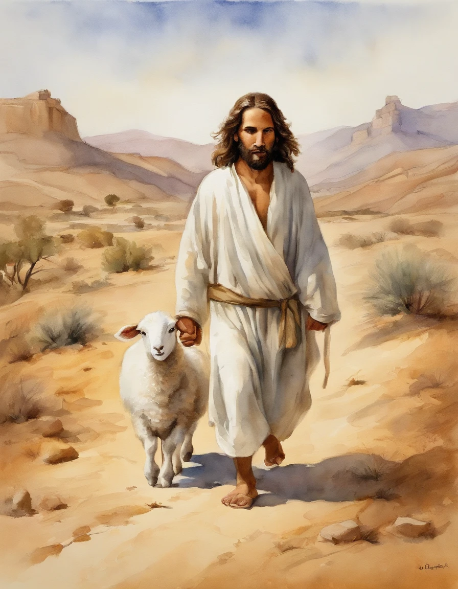 Cute 3  Jesus in cartoon style walking in the desert with a wounded lamb in his hands,Lead 9 cute sheep behind the 8K one, ::n Don't want the image to be wrong, Do not have more than 5 fingers either, There are no more hands left ,Nor writing, There is also no signature.