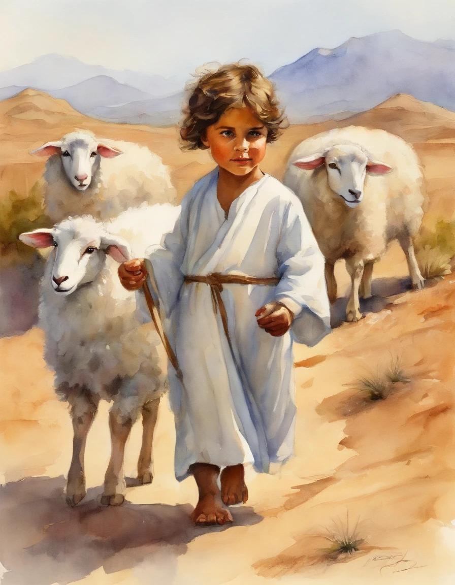 Cute 3 year old Jesus in cartoon style walking in the desert with a wounded lamb in his hands,Lead 9 cute sheep behind the 8K one, ::n Don't want the image to be wrong, Do not have more than 5 fingers either, There are no more hands left ,Nor writing, There is also no signature.