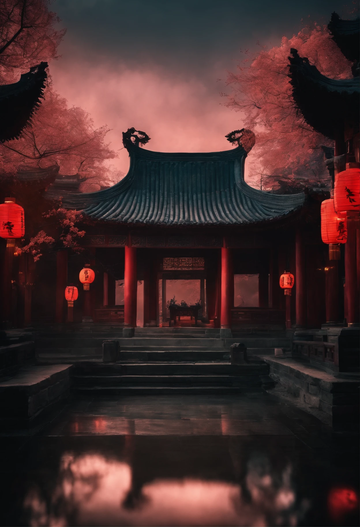 Scenery in ancient China with neon lights