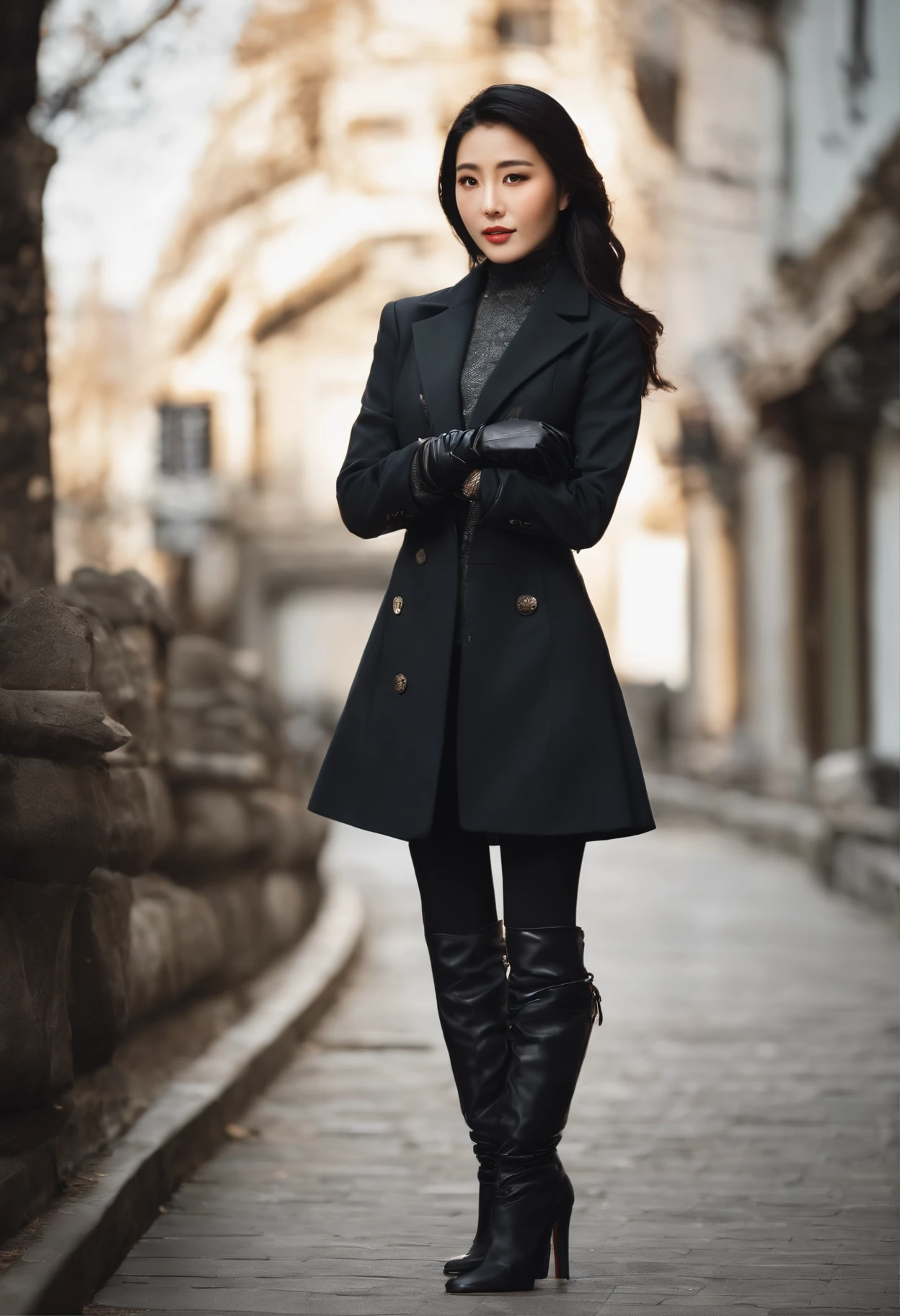 Business Suit　Black leather gloves　long boots　Face-to-face　Young japanese lady　Report on your smartphone　The upper part of the body　Black leather gloves cover both hands　Black Hair Ponytail