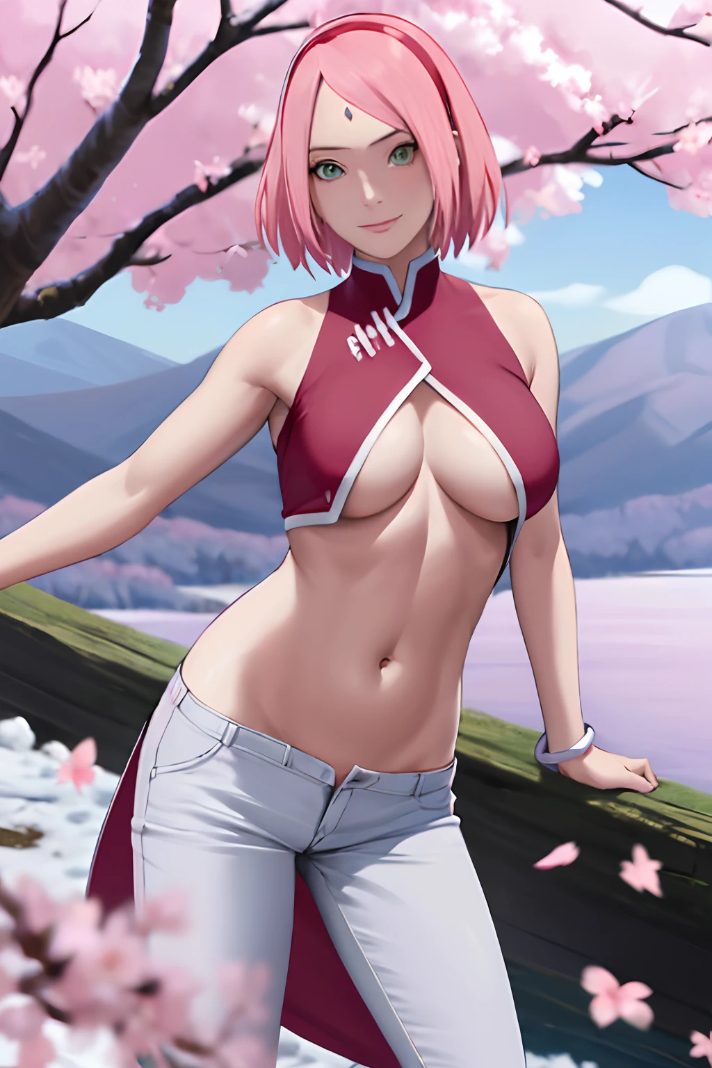 masterpiece, absurdres ,1girl, haruno sakura,forehead mark, red hairband, pink underwear,  white torn pants,navel,   groin,   bracelet, looking at viewer, crossed arms, smile, cherry blossoms, wind, floating hair, big boobs, NSFW