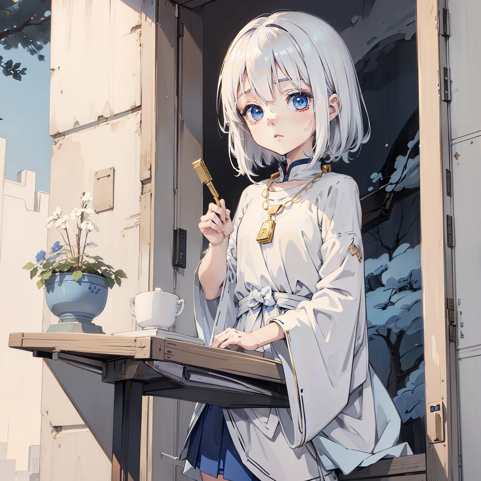 Young blonde anime, Body-beautifying, Dark blue eyes, White clothes with blue details, on spaceship, Pair it with a gold-tone necklace,one-girl,Loli,elementary student,独奏, (with short white hair:1.2),