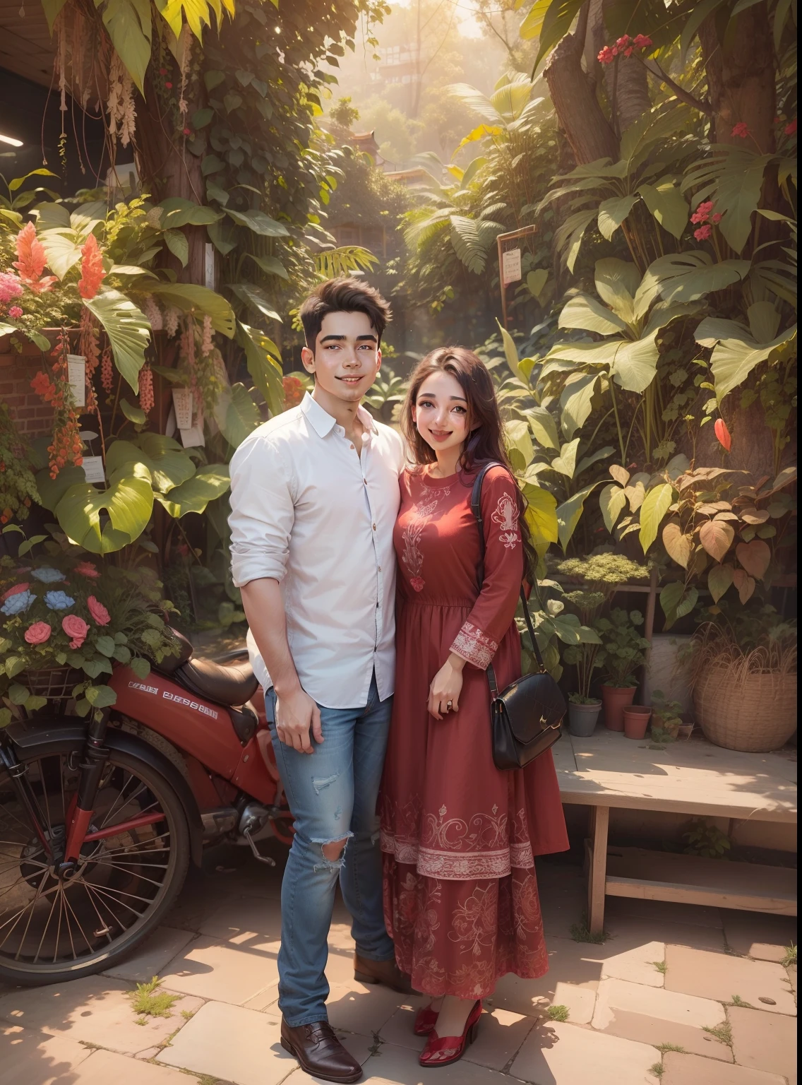 A cute girl with red colour dress, A boy wearing jeans pant and shirt, sweet couple, shining and smiling face, realistic face, 8k