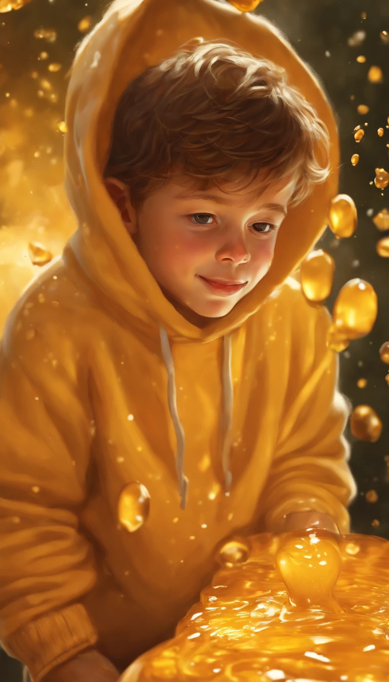 (best quality, masterpiece) high resolution illustration of a young boy covered in sticky natural honey, yellow, syrup, oversized sweater, comfy, cozy, close-up shot, detailed texture, delicious aroma, flavorful sensation, warm and appetizing,