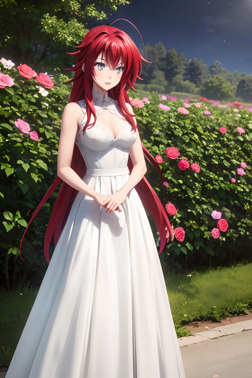 realistic, 1girl, rias gremory, red hair, white hair, Blue eyes, glowing eyes, White wedding gown, Red skirt, Pink pantyhose ,parted lips, blush, night, flowers, sun, sunlight,