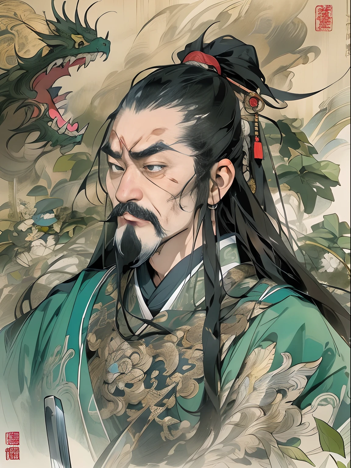(((China-style,Ink painting method,Half-length portrait,Intense color,Han dynasty, China,Hanfu,Armor,Guan yu,Guan Yunchang,of a guy,Ruddy killing square face,Hold the Blue Dragon Moon Knife in his right hand,Stroke your beard with your left hand,Long hair,petty eyes,Green robe))), (((best qualityer))), (((tmasterpiece))), (((AS-Adult))), ((( Japanese ))), Look up from your knees, Handsome Asian samurai,perfect body figure, Modern samurai, ((( Asian))), Wear gloves on your hands,The left arm is made of steel and metal tips,Made of protective devices, The eyes are pulled, (( Appears below the chest )), (( Small dental floss )), Simon Bisley, Almost naked(Simon Bisley)Castle City Wilderness,For high-resolution posters, hair straight, Minimum clothing, armure (Crazy clothes ), Full of tips and rivets, tribal tattoos, (((full bodyesbian))), Straight brunette hair,Colored hair ends
