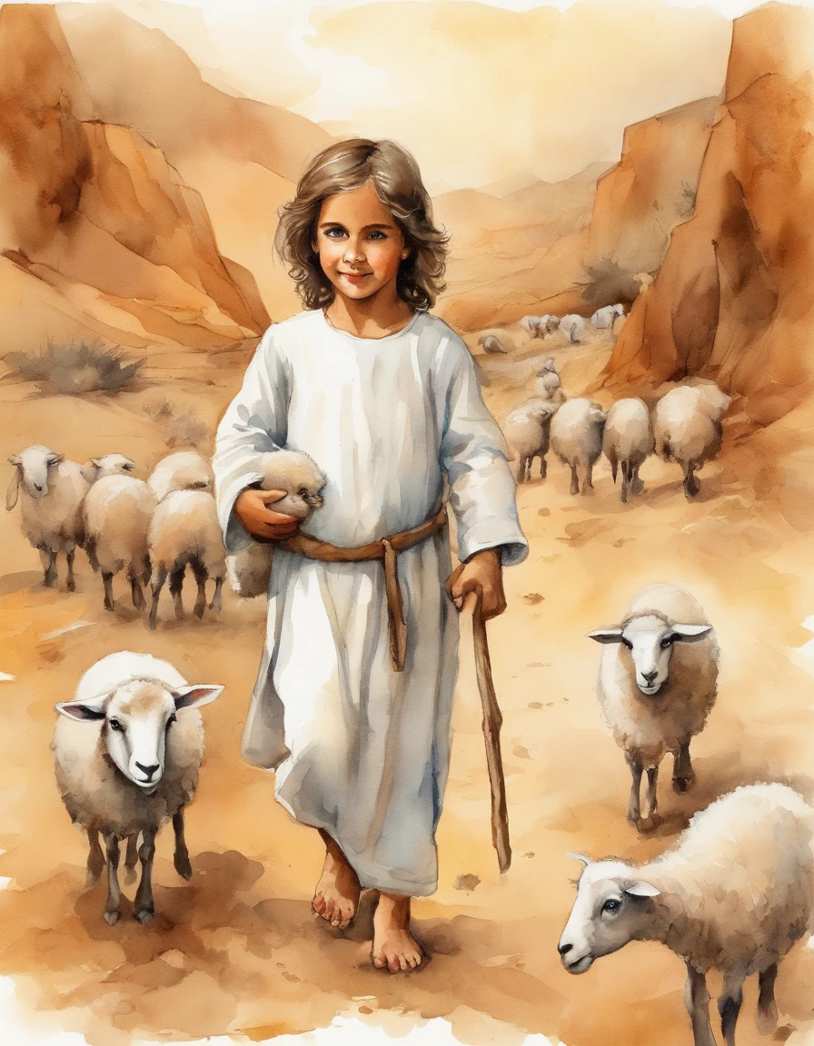 Cute little Jesus of 3 year old in cartoon style,Walking in the desert with a wounded lamb in both hands,Lead 9 cute sheep behind 8K