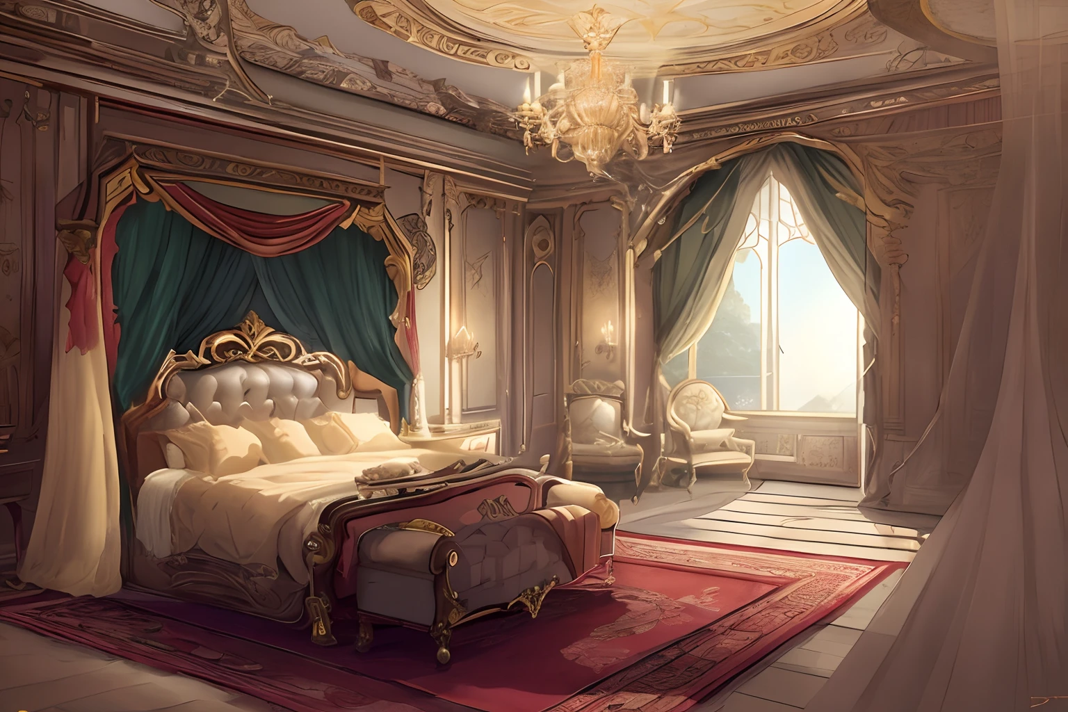 there is a bed in a room with a chandelier and a chair, luxurious environment, interior background art, royal interior, bedroom background, victorian room, personal room background, background art, baroque digital painting, 8k high quality detailed art, anime background art, background artwork, art nouveau environment, inspired by Alexandre Cabanel, rpg maker style bedroom, ornate retreat