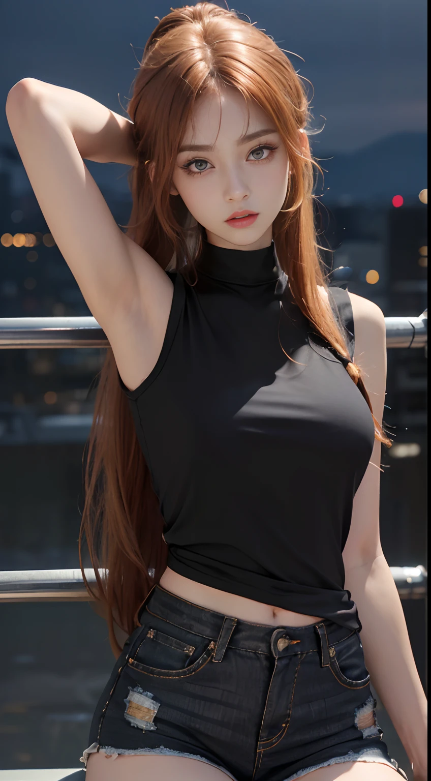 Pretty Asian girl, idol, extremely detailed CG, 8K High Quality, Depth of field, Cinematic Light, Lens Flare, Ray tracing, beautiful lips, lots of cute soft freckles, beautiful detailed eyes, intricate detail face, ultra detailed skin, 1girl, in the dark, deep shadow, front shot, face forward,   she has red lipstick, big  eyes, black eyes, random position, pale skin, flashy orange hair, orange eyebrows, very small breasts, very nice detailed cleavage, looking at viewer, coy smile, she has lots of tattoos, must wear a shirt, (((she wear low waist tight Cotton dolphin shorts))), tight t-short with logo that matches shorts, wide gap between thighs:1.6, view full body from head to toe shot, navel piercing, wear cat ears headband, wear high thighs socks , loops earrings, piercings, jewelry, lots bracelets, at the amusements park, (Intense sex appeal of young women), (woman who makes erotic temptations), (she reaches an amazing orgasm)
 exhibiting idol-like features, emerges from the depths of shadow in an extremely detailed CG Unity 8K wallpaper. Her beautifully sculpted face boasts intricate details, with ultra-detailed skin that appears almost alive, midriff, 