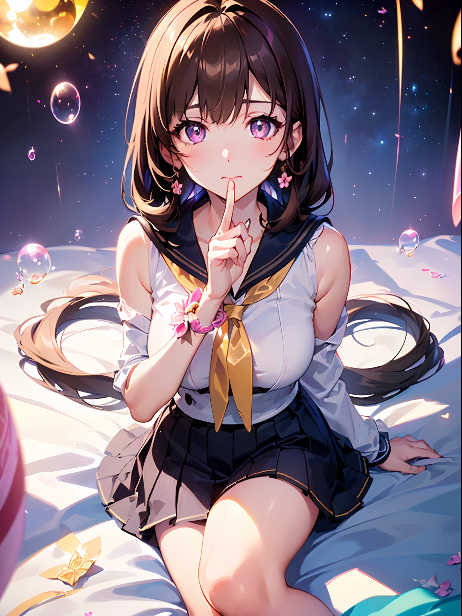 ((brown haired deity,middle hair,side bangs,light brown hair)),(Glowing eyes:1.233), diffused reflections, high key, Majestic,Blushing,milf,mature face,a mature girl,refinement,)(Beautiful and detailed eyes:1.3),(((1girll,Solo,tsuntere,frowned,)))(Masterpiece,Best quality, offcial art, Beautiful and aesthetic:1.2),(超高分辨率,Golden ratio), (4K),(looking from above),(((((sitting,))))), (((colourful Planet,bubbles,full bloom,Glowing light),Cinematic lighting,Natural lighting,RTX ON,Ray tracing,The greatest optical visual painting)),(Photo mapping, Physically-based rendering,automatic white balance),Amazing,Sharp focus,(((sailor dress,bouquet,pink flowers)), (((highdetailskin,)))Dynamic lighting,intricate outfits,Watery eyes,(masterpiece sidelighting),(An extremely sexy girl,The sheen),[[Delicate fingers and hands:0.6]::0.85],(Detail fingers),((((Break,design an image with fisheye lens effect, capturing a wide field of view with a distinctive, curved perspective.Break,)))Superior photographic quality,((extremely_Detailed_Eyes_and_face)),(Disheveled hair),Movie girl,Brilliant,Drifting nebula, Glossy,Striking contrast,High saturation