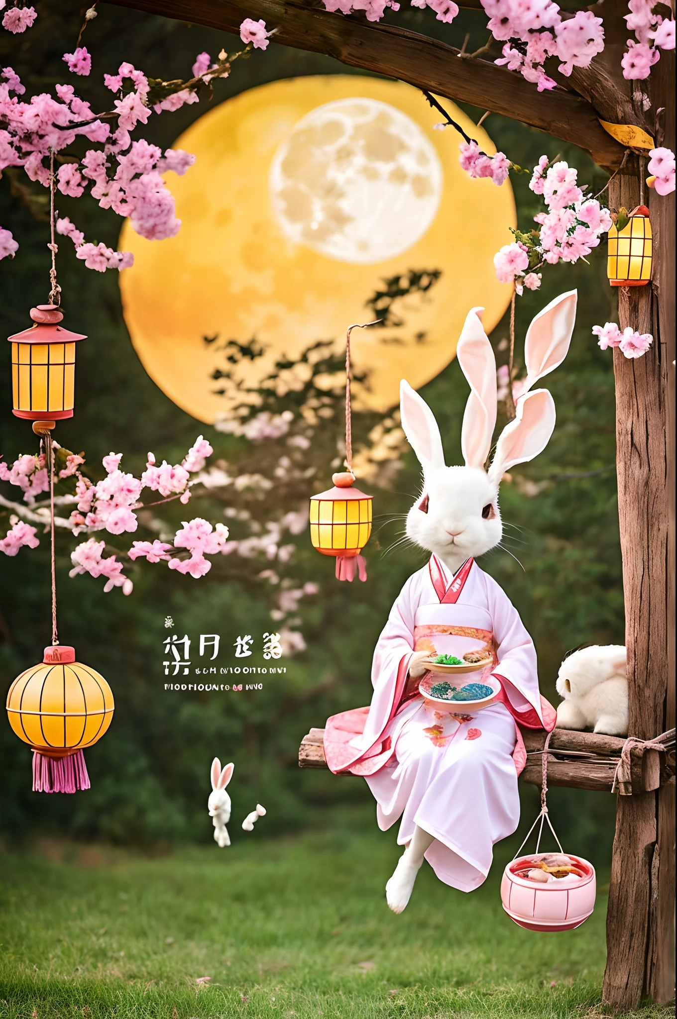 mid-autumn festival，A rabbit dresses in Hanfu，Sit on the swing and eat mooncakes，There were a few little rabbits around him，Behind the rabbit is a full moon
