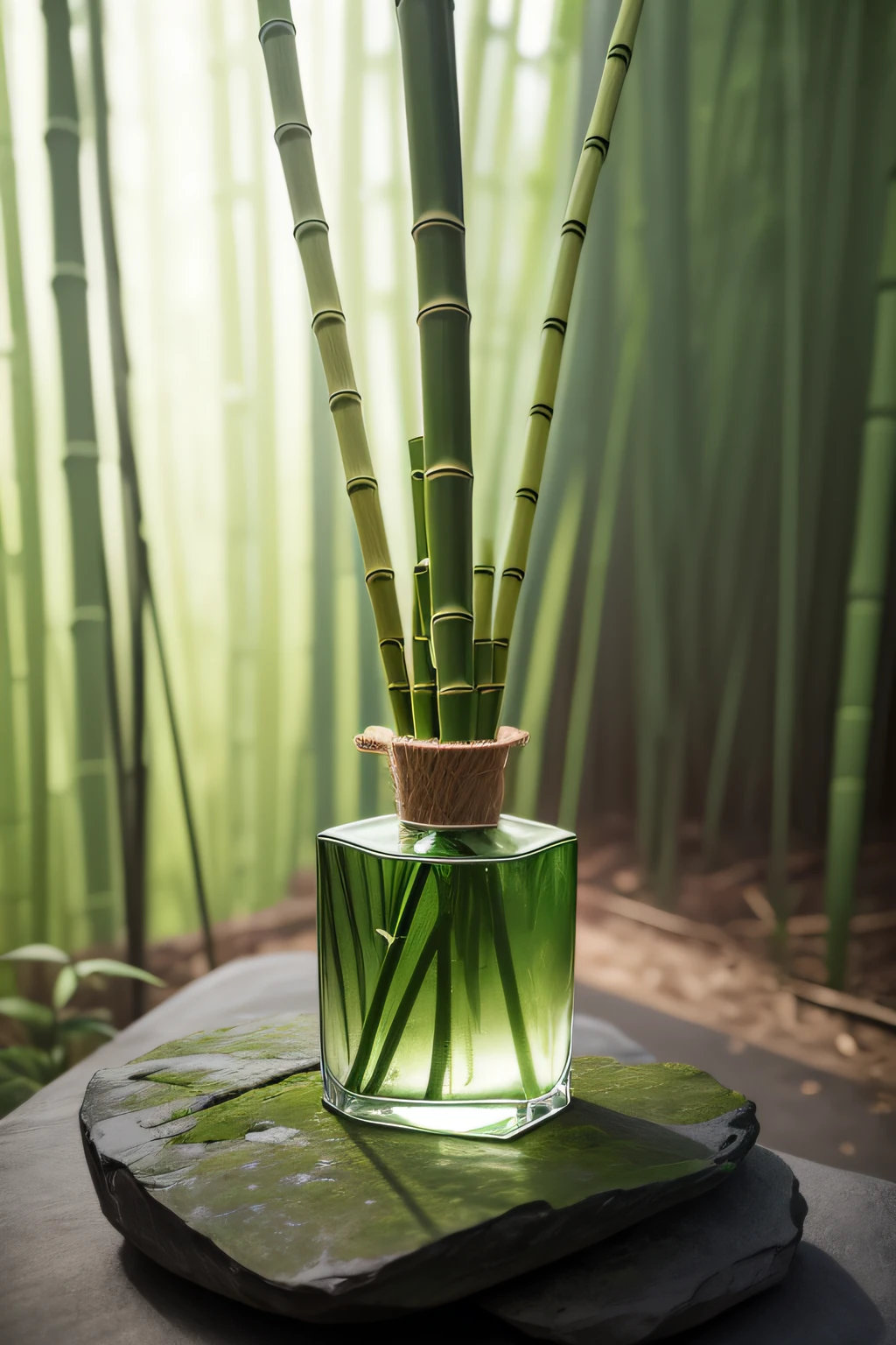 315 ml zen 4 green bamboo with bamboo leaves attached eau de parfum is sitting on top of green rock, in the style of detailed pen strokes, rich and immersive, poignant symbolism, cerith wyn evans, environmentalism, franz west, frank quietly, clear background, close-up --ar 1:1 --s 750 --v 6
