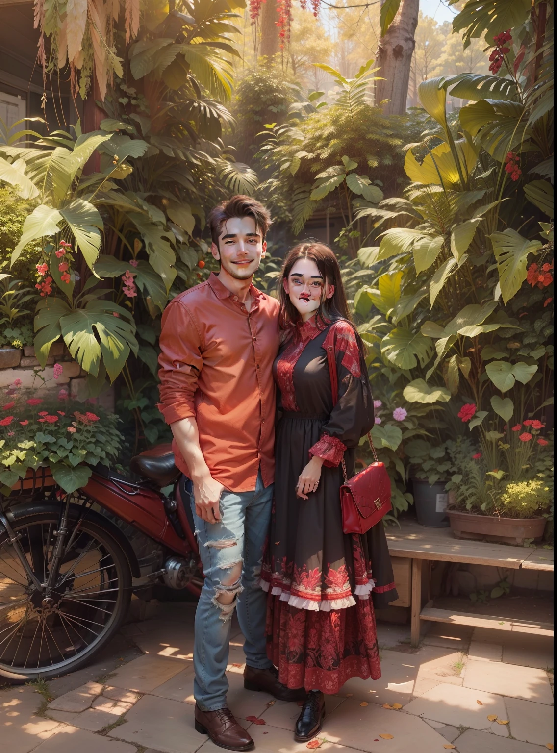 A Cute girl wearing red dress,her boyfriend is wearing jeans and shirt, smiling and shining face, realistic face,8k
