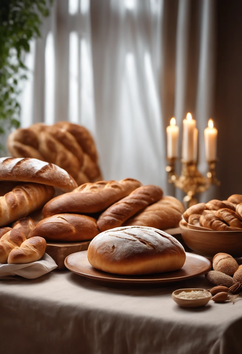 Commercial footage, various forms of bread around a luxurious table, poster for, Fresh style background, elegant, Booth lighting, attractive, photorealistic colors, Ultra HD ||