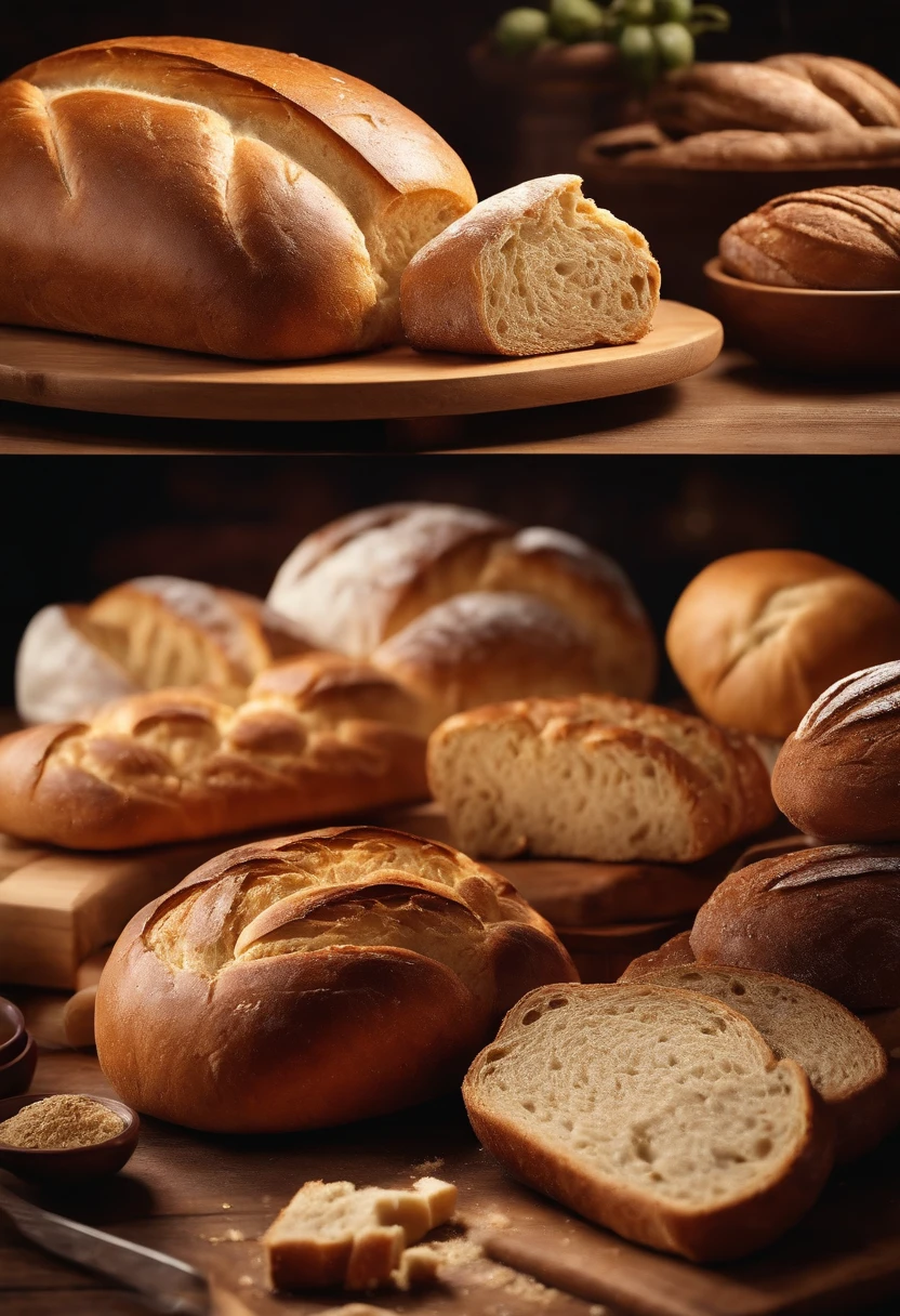 Commercial footage, various forms of bread around a luxurious table, poster for, Fresh style background, elegant, Booth lighting, attractive, photorealistic colors, Ultra HD ||