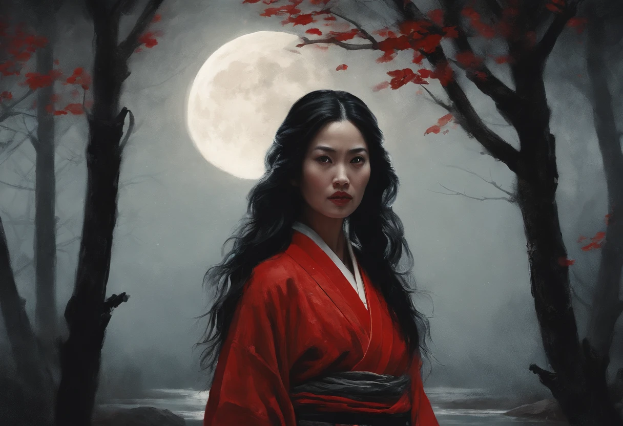 ancient japan, night time ,dark forest, close up of a young woman in red kimono stood her black hair framed a face etched with curiosity. The moon's silver light reflected in her wide dark eyes as she turned toward the stone well, horror movie scene, cinematic, greg rutkowski,painting by jakub rozalski,horror