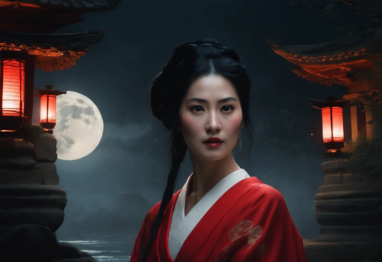 ancient japan, night time ,dark forest, close up of a young woman in red kimono stood her black hair framed a face etched with curiosity. The moon's silver light reflected in her wide dark eyes as she turned toward the stone well, horror movie scene, cinematic, greg rutkowski,painting by jakub rozalski,horror