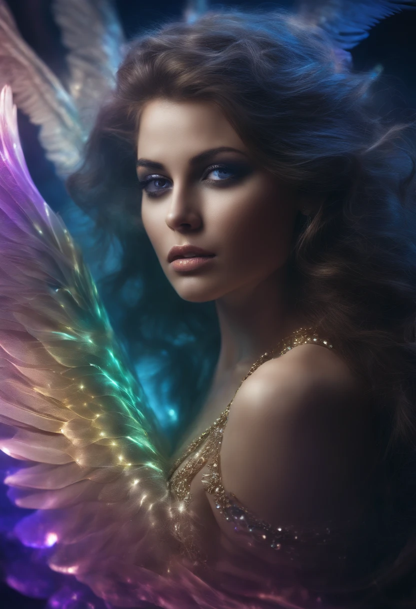 cosmic fallen angel, olhos claros brilhantes, Biomechanicals, estranho, assustador, Pesadelo, cores muito brilhantes, light particles, com luz brilhante, Mshiff, Arte do papel de parede, Papel de parede UHD