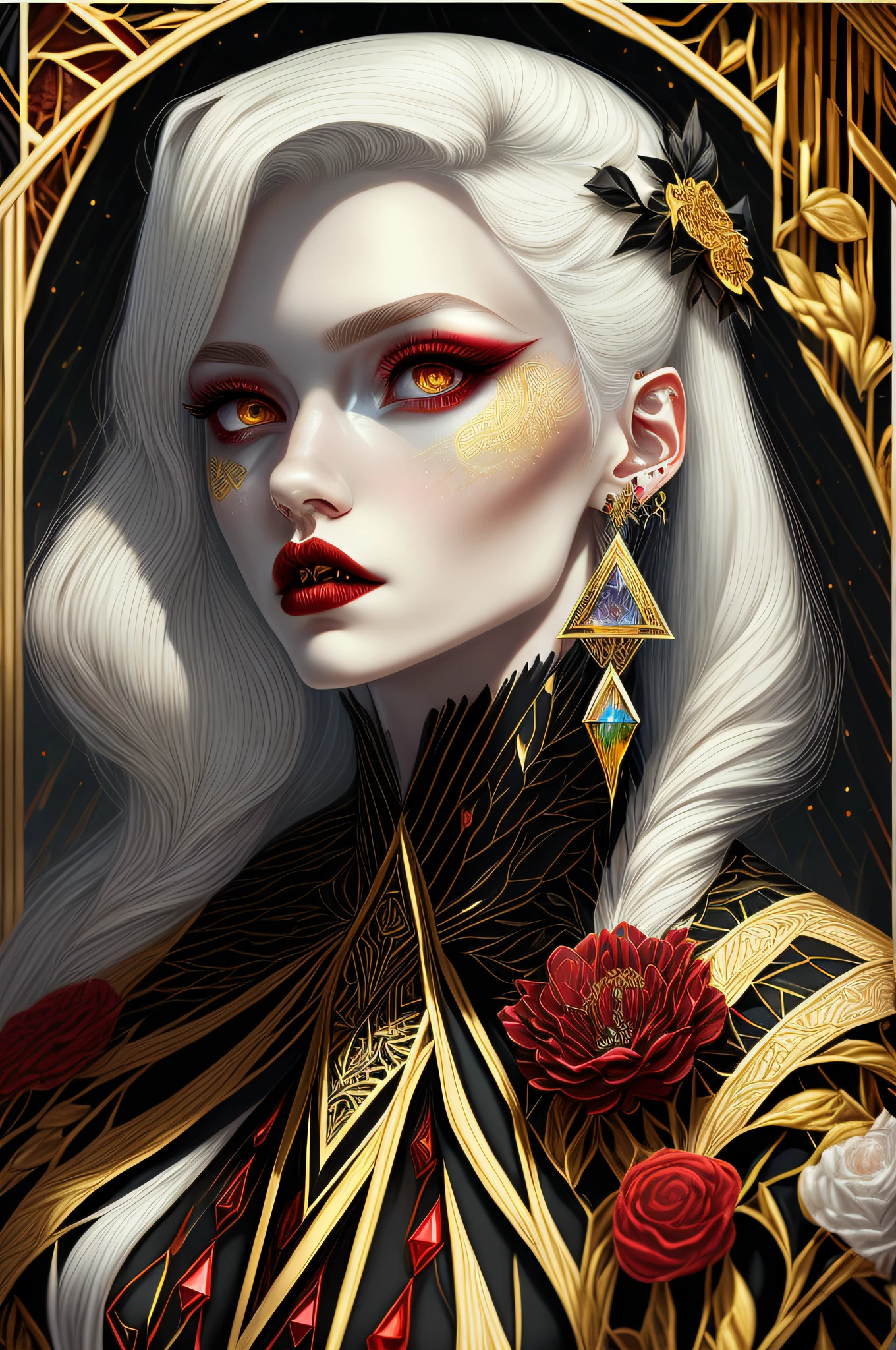 A tarot512 (masterpiece, 4k, ultra detailed, raw photo:1.2), illustration, (Art Deco:1.2), (minimalism:1.2), (CCDDA Artstyle:1.0), (pale skin:1.2), (beautiful face:1.0), vampire, fangs, blood, amethyst polished gemstone, refraction, black glass, reflection, crystalline armor, crystals, white hair, pointy ears, skinny drow, beautiful angular face, glowing, red eyes, very long flowing hair, (puffy lips:1.1), huge lips, glowing jewelry, crystals, red and gold, earrings, brooch, high neck, (detailed floral patterns, intricate geometric patterns:1.1),