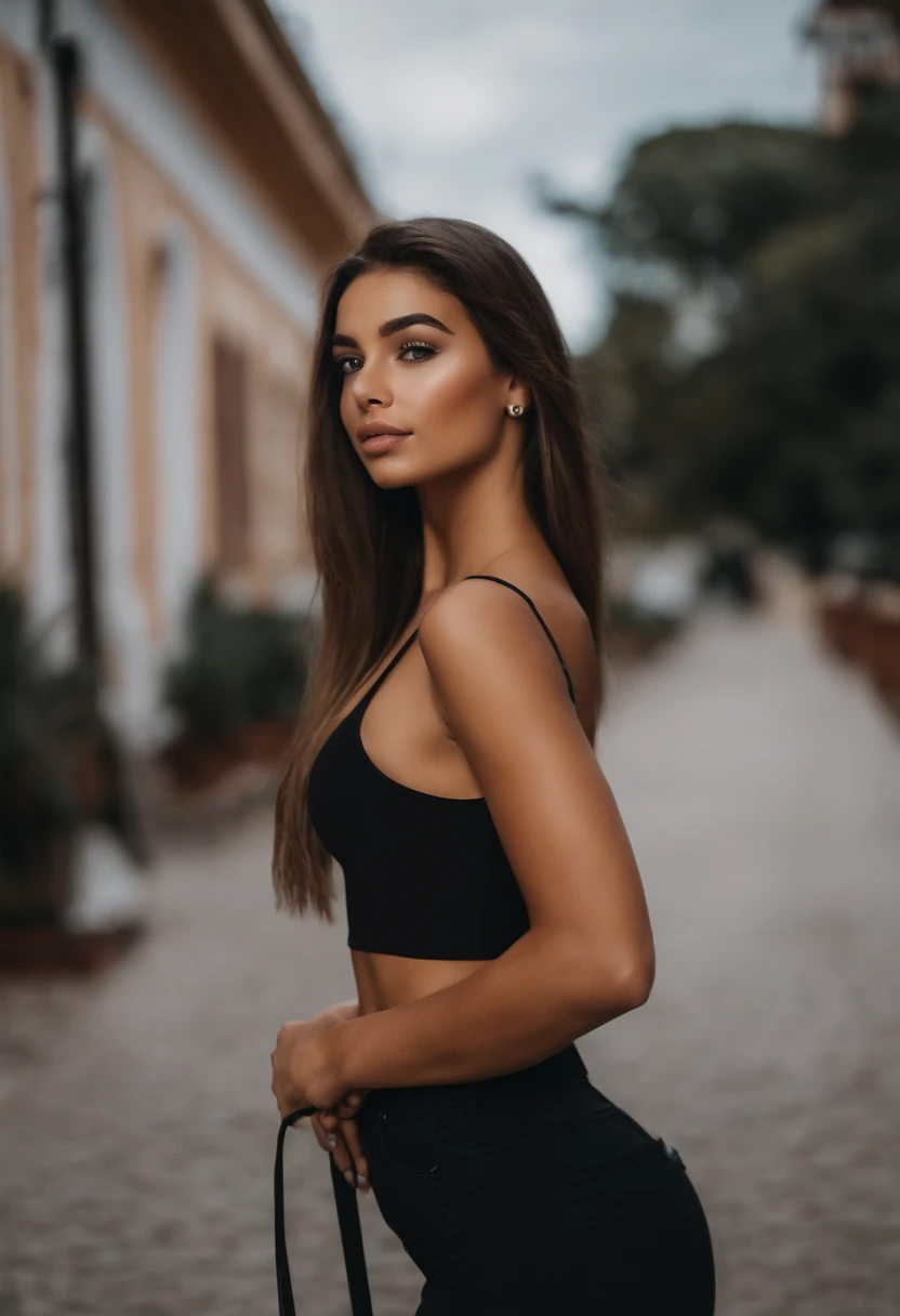 Arafed woman with tank top and black pants, com olhos castanhos, Retrato Sophie Mudd, cabelos castanhos e olhos grandes, selfie de uma jovem mulher, Violeta Myers, sem maquiagem, Maquiagem natural, staring directly at camera, Rosto com Artgram, Maquiagem sutil, Great full body photo, em uma boate, clivagem, roqueira e rebelde