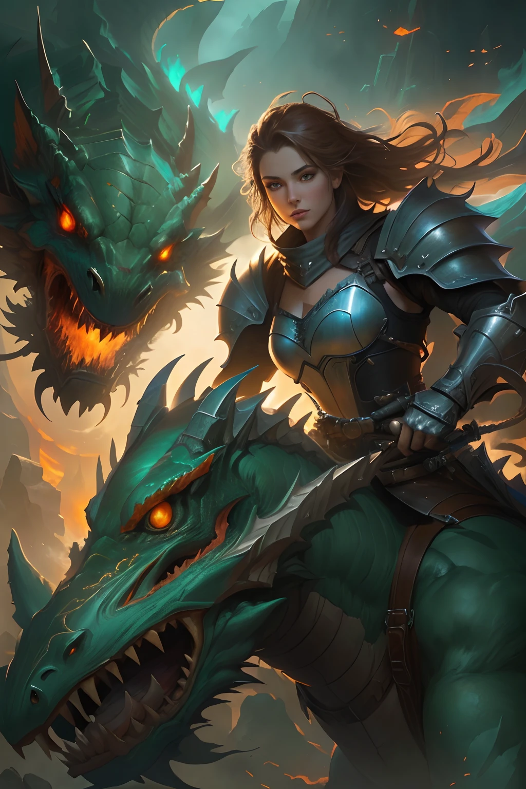 Lady Knight，eyes glowing，Ride on a giant monster, Ride monsters, Epic fantasy digital art style, epic fantasy sci fi illustration, Epic fantasy art style, Epic fantasy art style HD, epic full color illustration, inspired by Aleksi Briclot, riding a cyborg raptor, epic fantasy card game art, Epic fantasy style art, epic fantasy illustration, epic rpg artwork