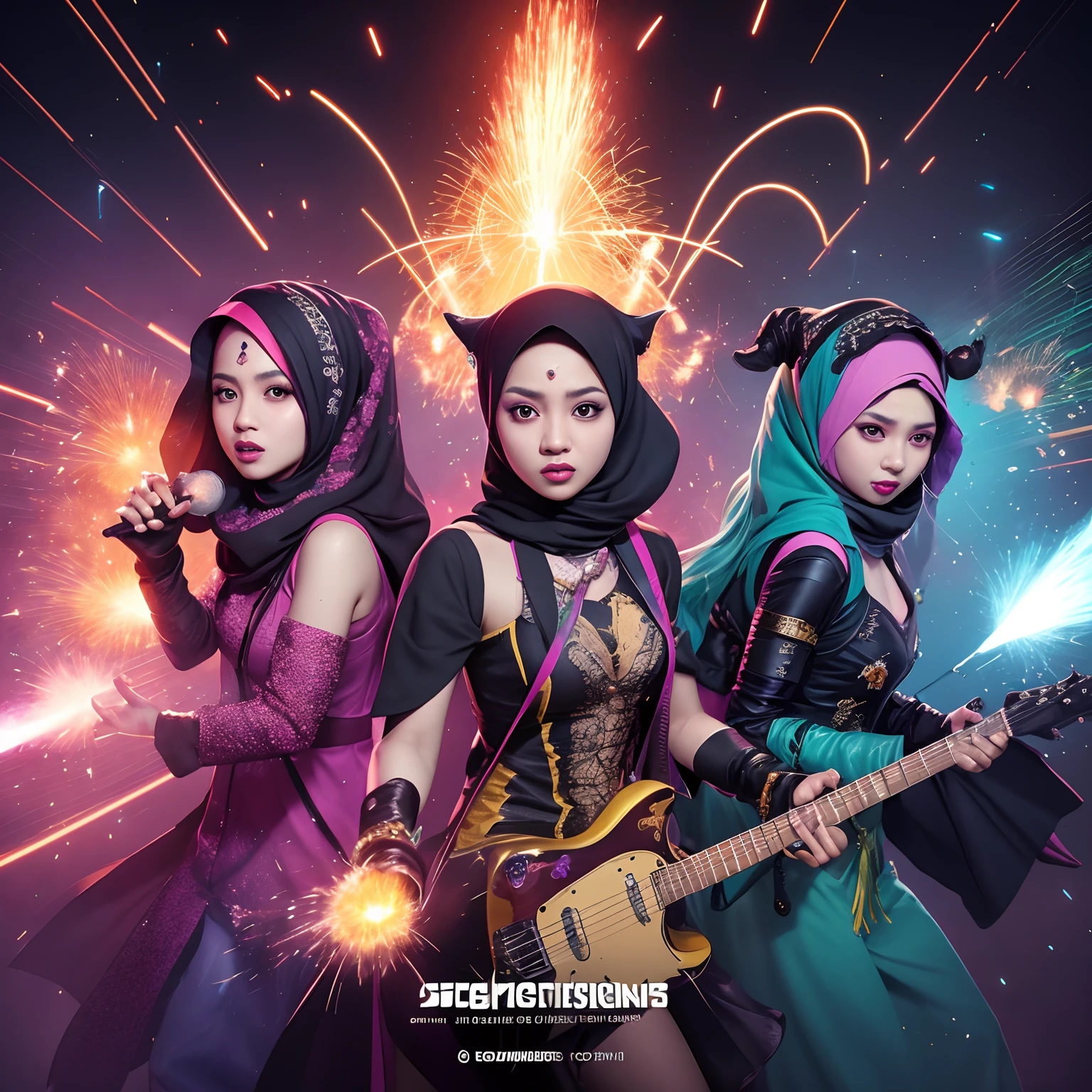 Create an electrifying album cover that places the three Malay girl in hijab as rock band artists as musical sorceresses, conjuring explosive pyrotechnics and colorful spells in a magical arena.