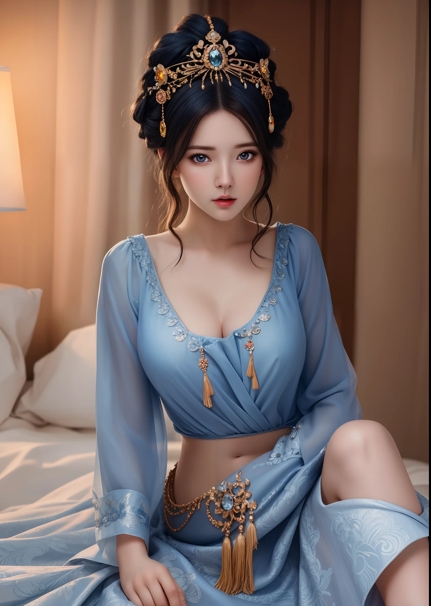 Best quality, masterpiece, ultra high res, (photorealistic:1.4), raw photo, 1girl, offshoulder, sexy girl wearing saree showing cleavages in saree large breast sitting cross legged
