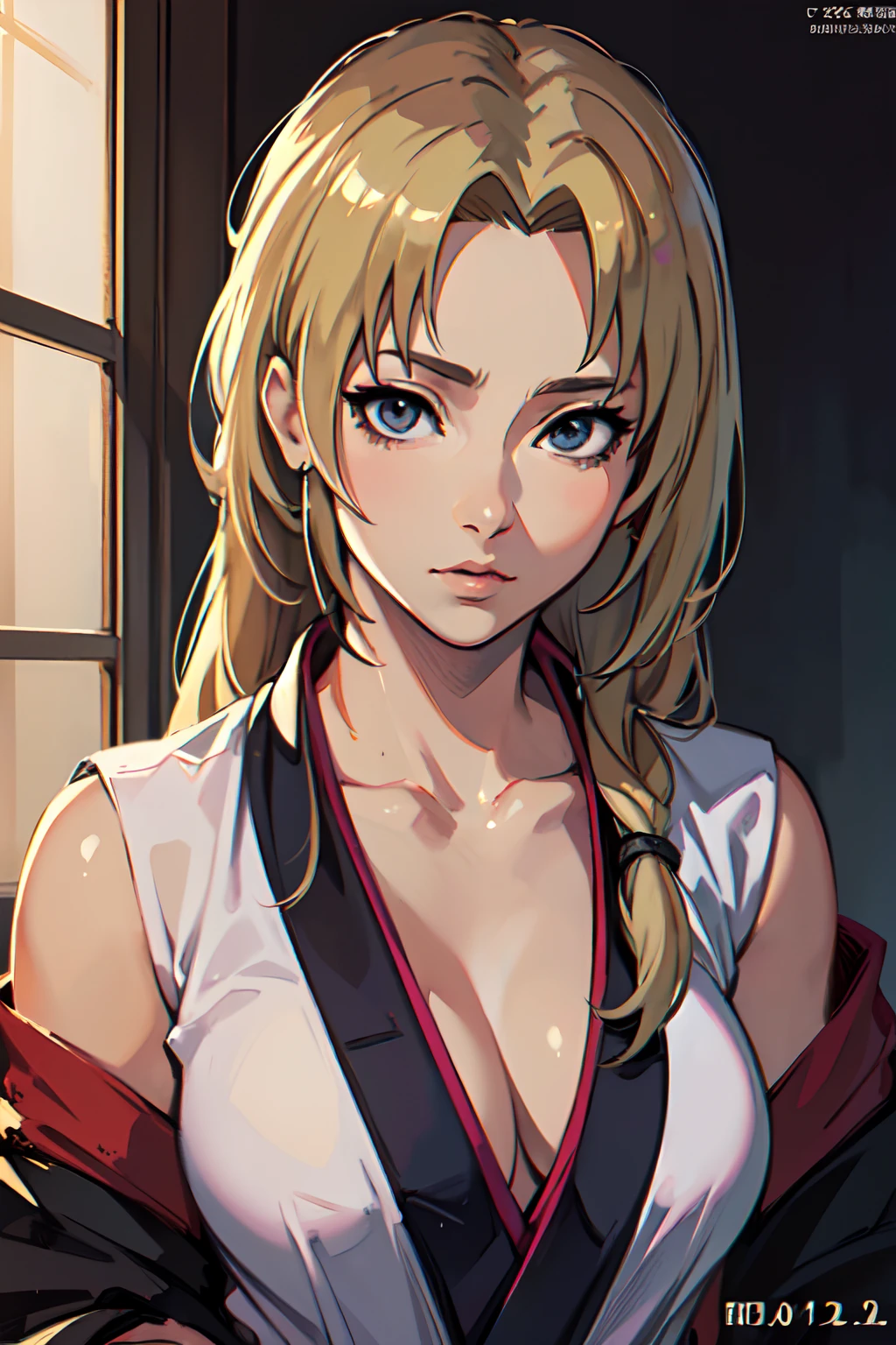 (Tsunade, Tsunade outfit:1.2), (8k, RAW photo, best quality, masterpiece:1. 2), (realistic, photo-realistic:1.37) ultra-detailed, vivid colors, studio lighting, manga art